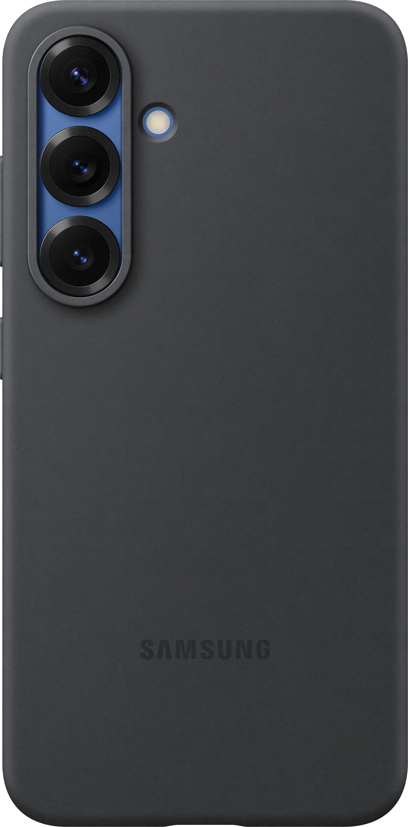 Eine dunkelgraue Handy-Rückseite mit drei Kameralinsen und einem Blitz. Mit Samsung-Logo.