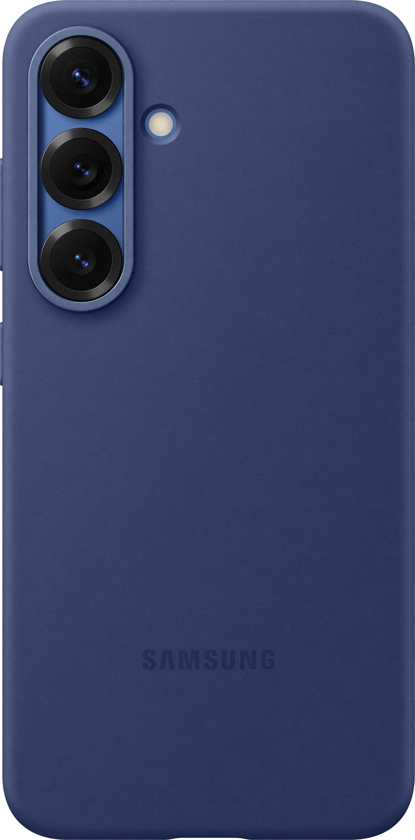 Blaue Handyhülle mit drei Kameraausschnitten. SAMSUNG-Logo unten. Schwarzer Hintergrund.