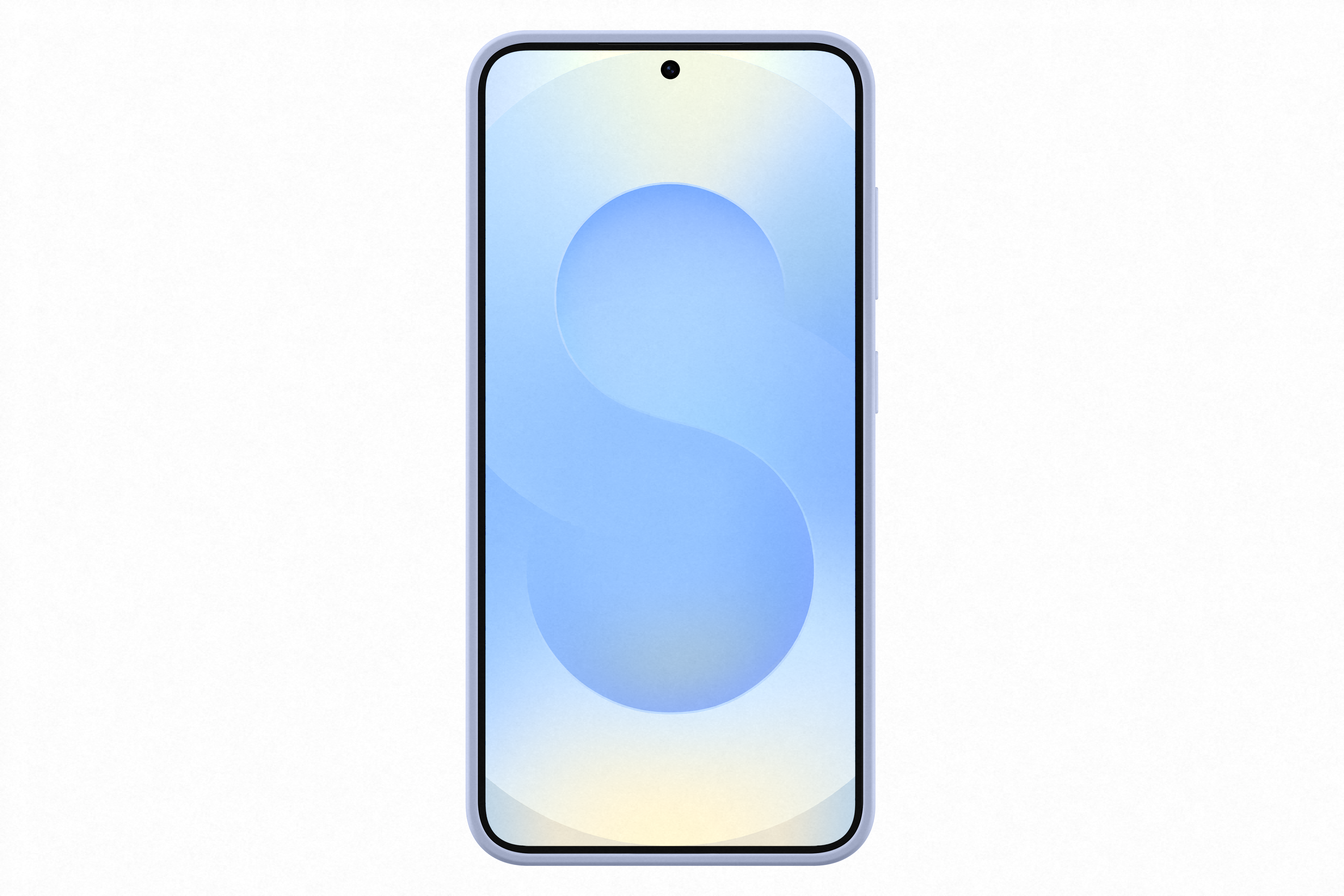 Blaues Smartphone mit 'S' auf dem Bildschirm, Frontkamera und weißem Hintergrund.