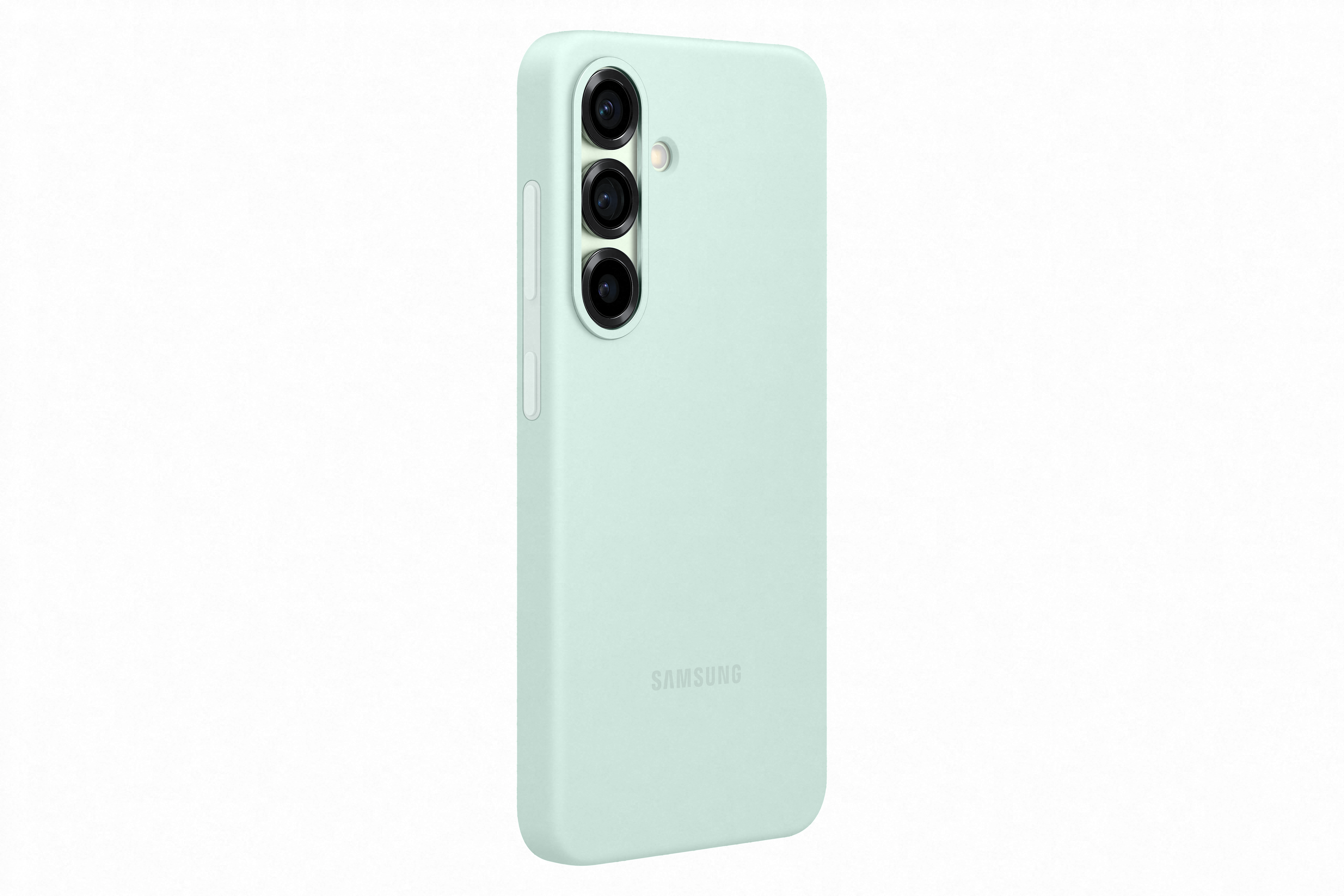 Eine mintgrüne Handyhülle mit drei Kameralinsen und einem Samsung-Logo.