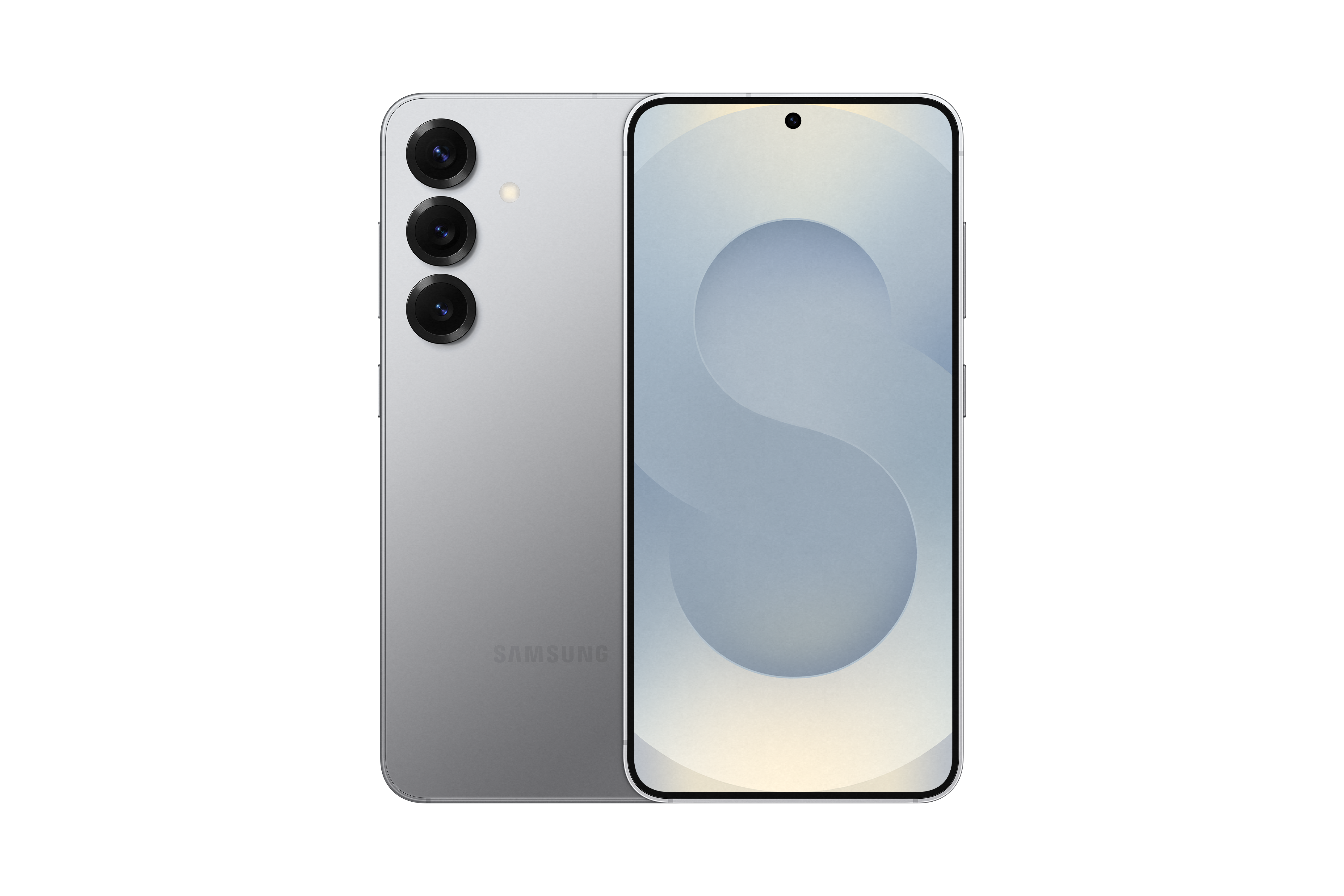 Silbernes Samsung Galaxy S24+ Telefon, Rückseite mit Kameras und Frontbildschirm.