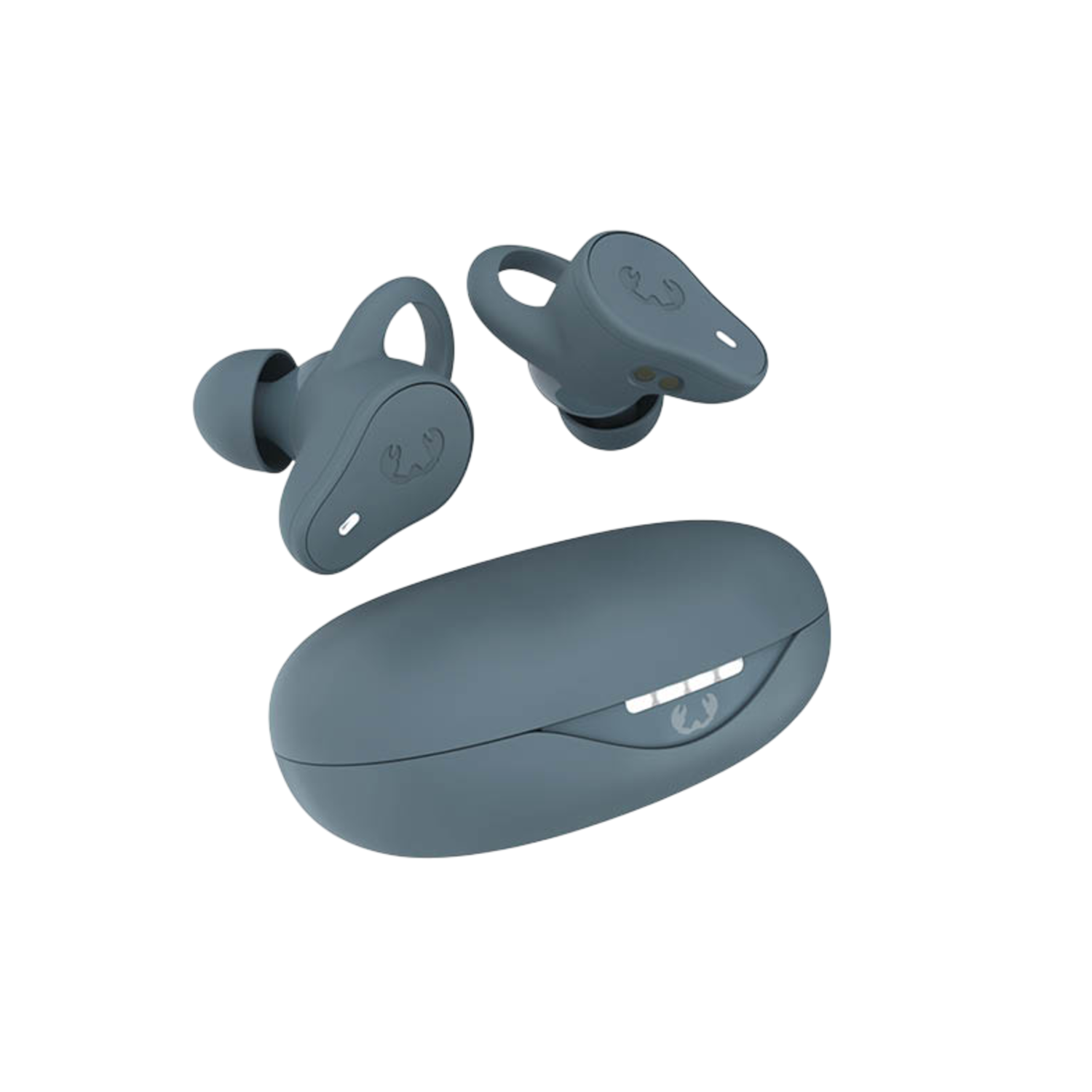 Two blue wireless earbuds and a charging case on a black background.