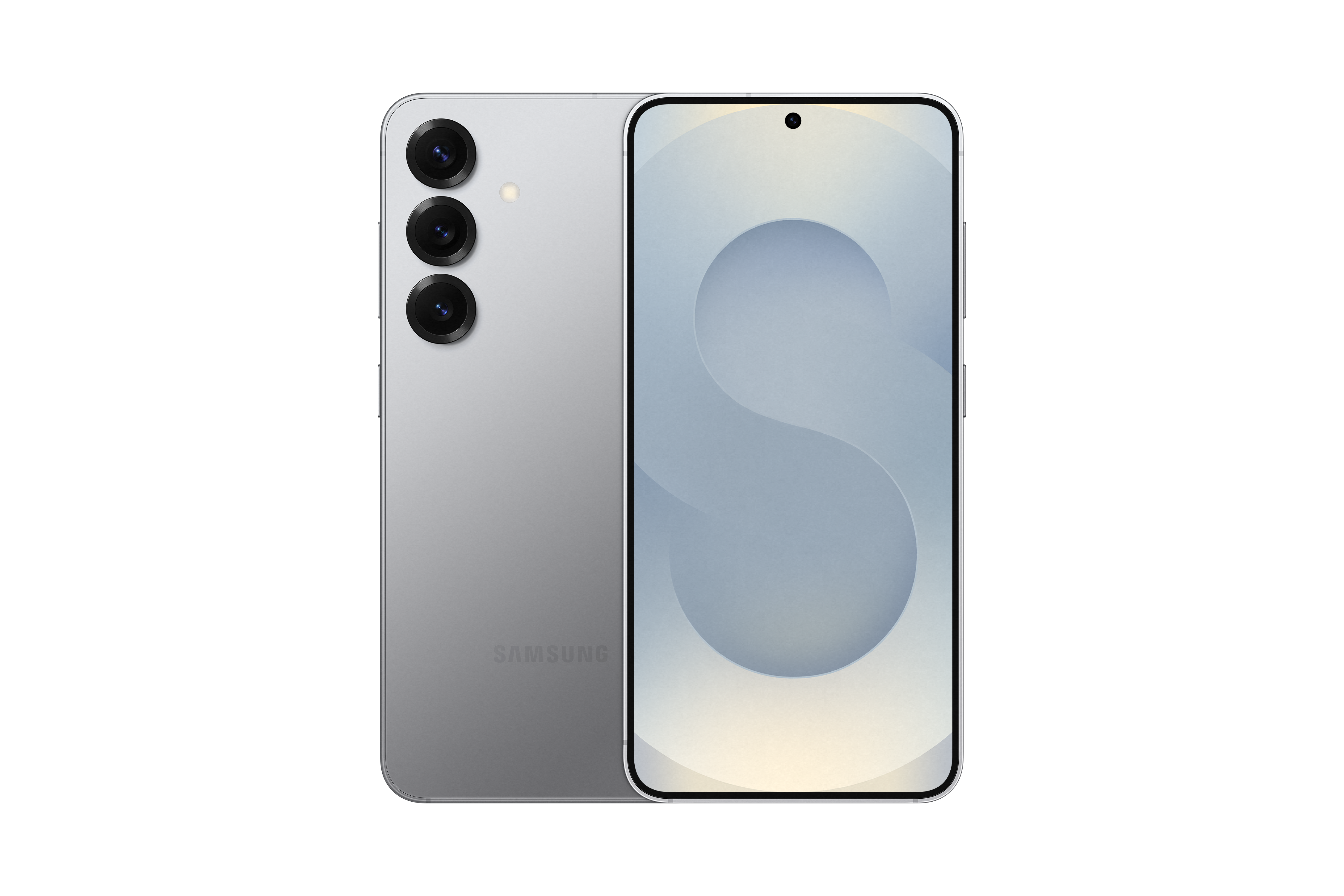 Silbernes Samsung Telefon mit drei Kameras, Vorder- und Rückansicht auf schwarzem Hintergrund.