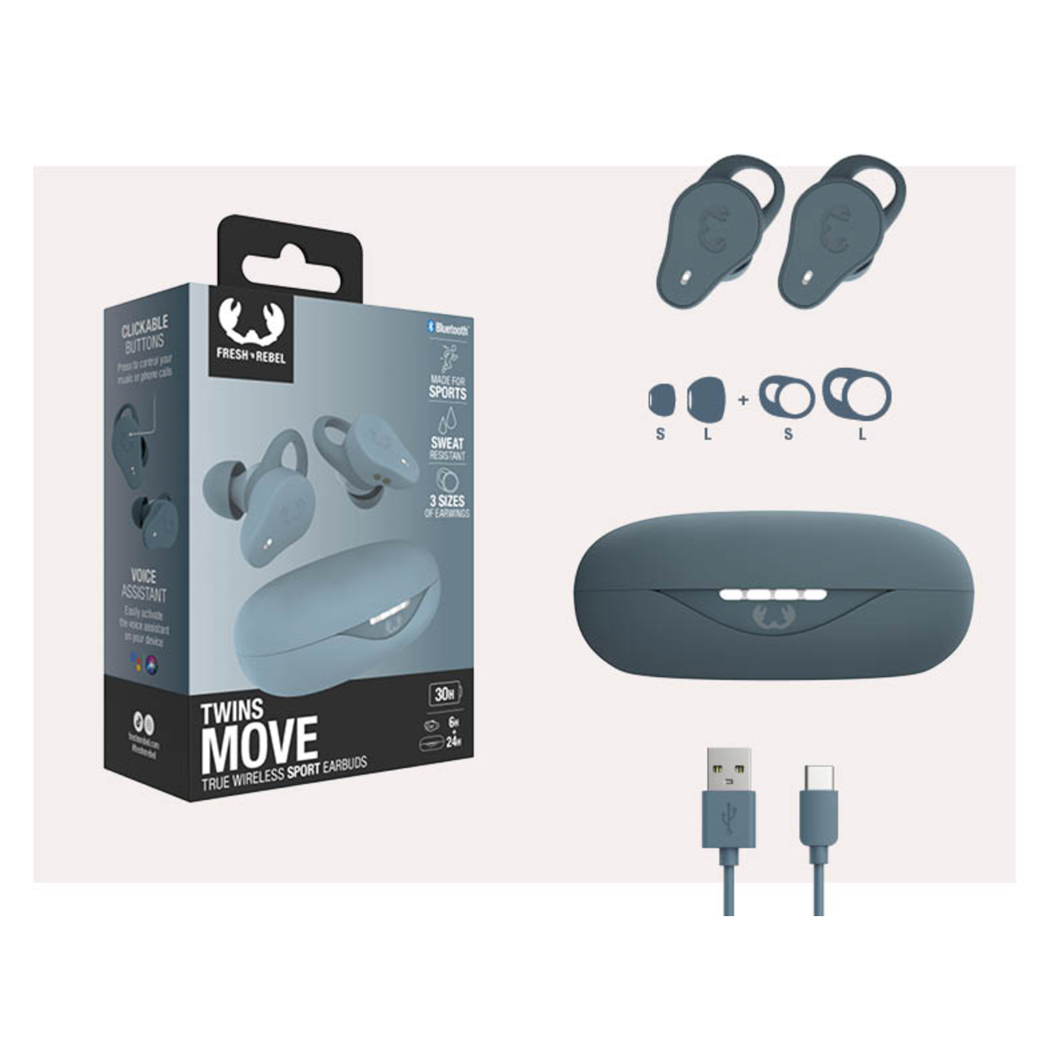 Earbuds box set with accessories and blue earbuds. White background.