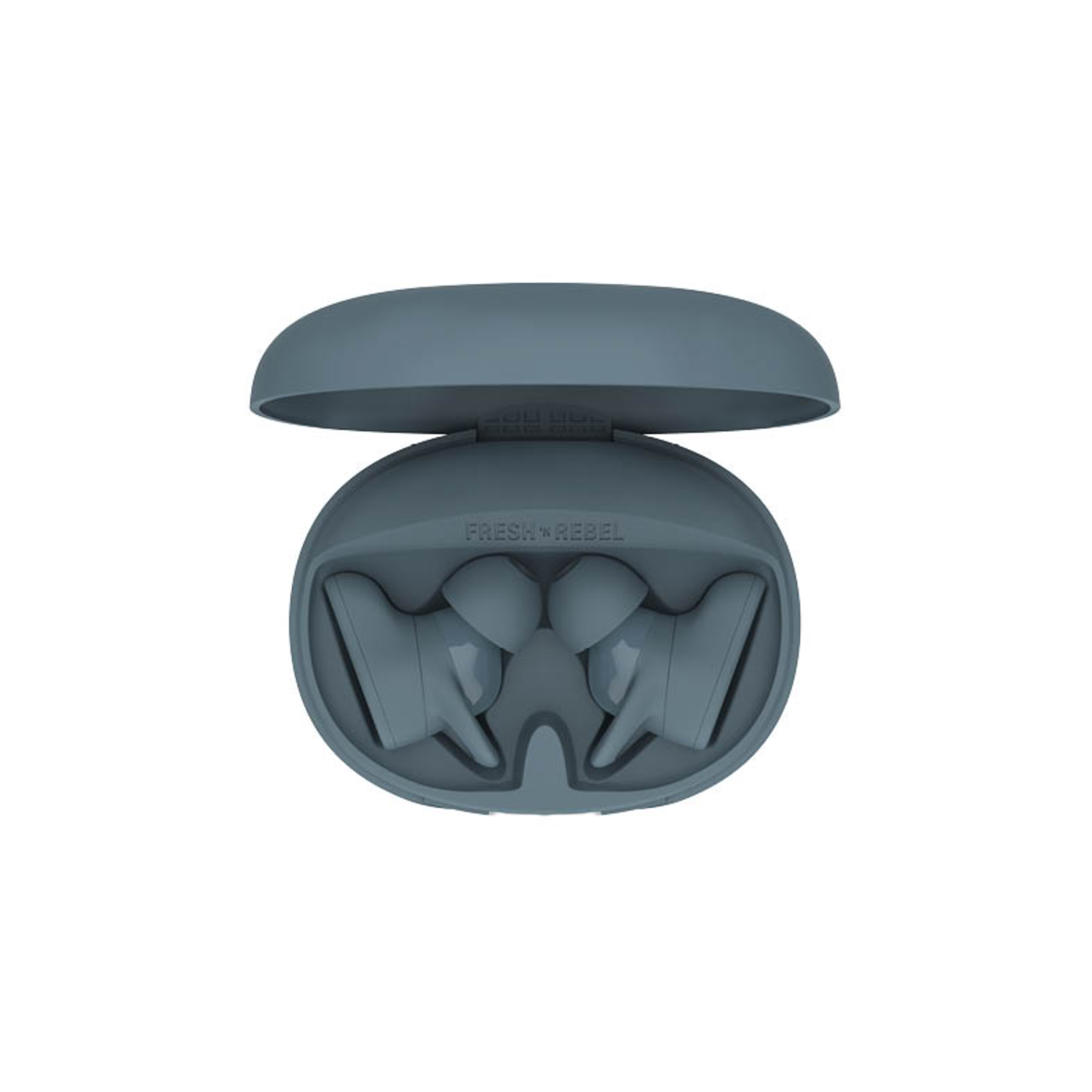 An open case of gray Fresh Rebel earbuds.