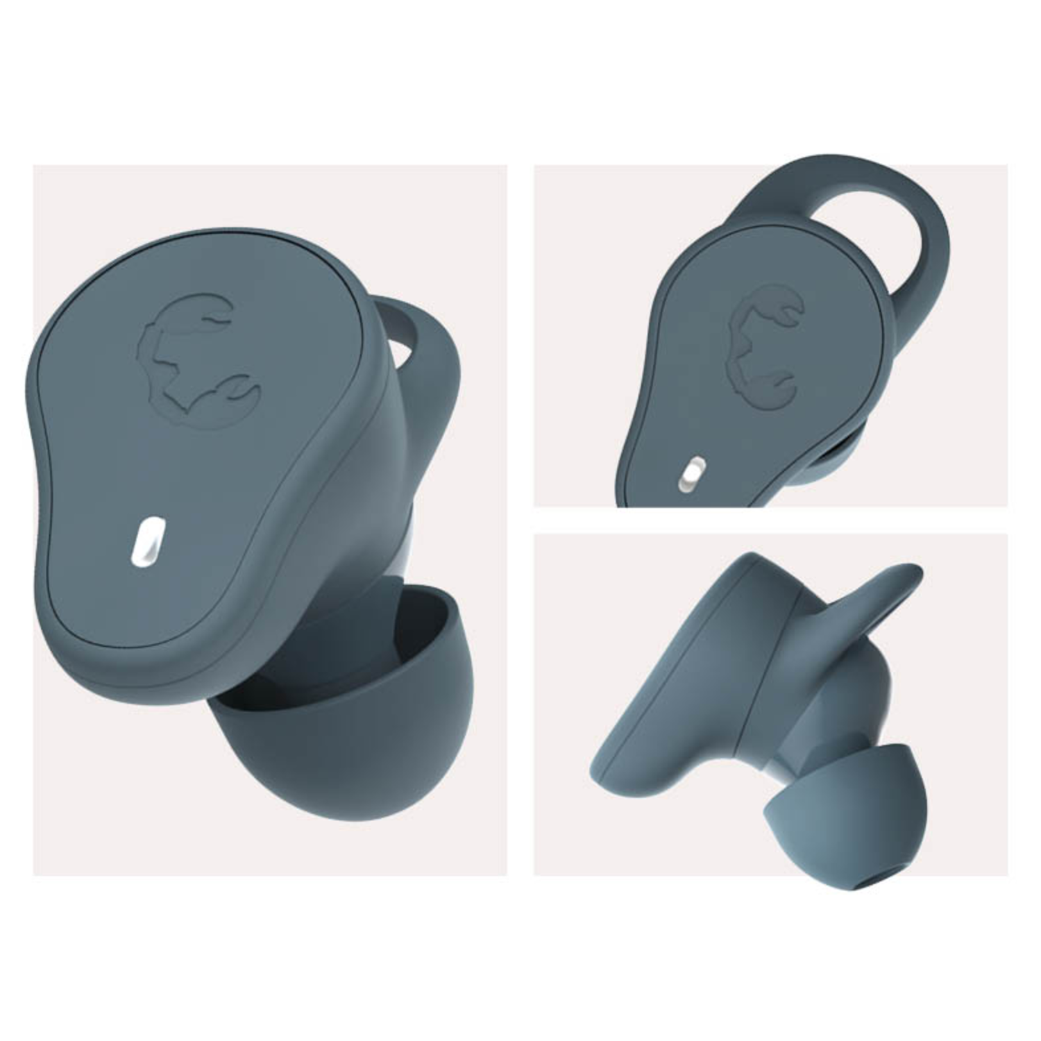 Three views of teal earbuds. Each shows a stylized earbud.