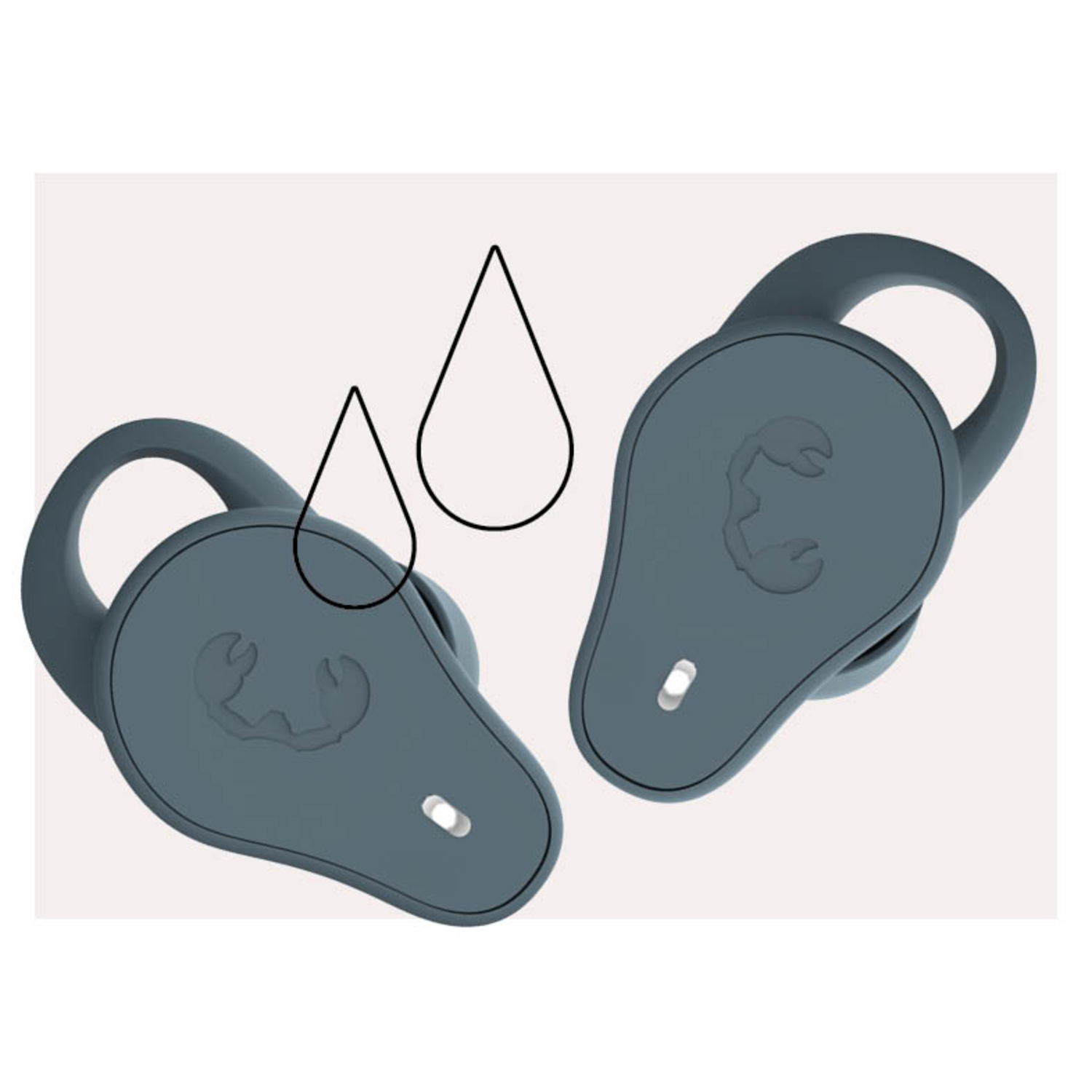 Two blue earbuds with a crab logo. Waterdrop icons are on the left. They are waterproof.