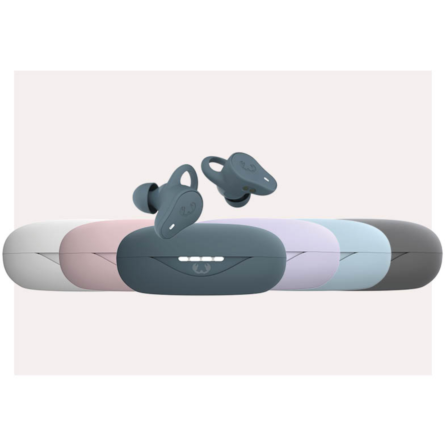 Earbuds in different colors with a charging case.