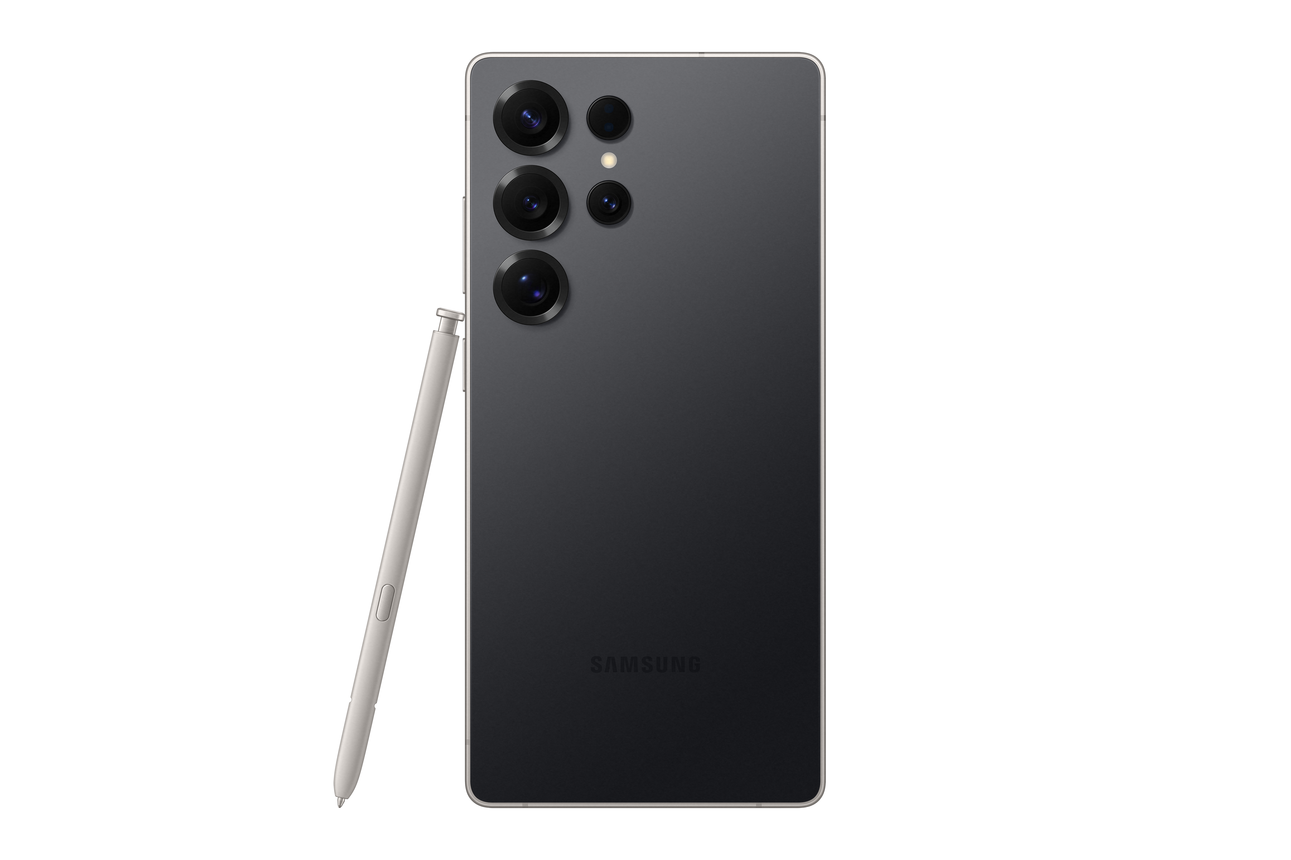 Schwarzes Smartphone mit mehreren Rückkameras und einem weißen Stift. Schwarzer Hintergrund.
