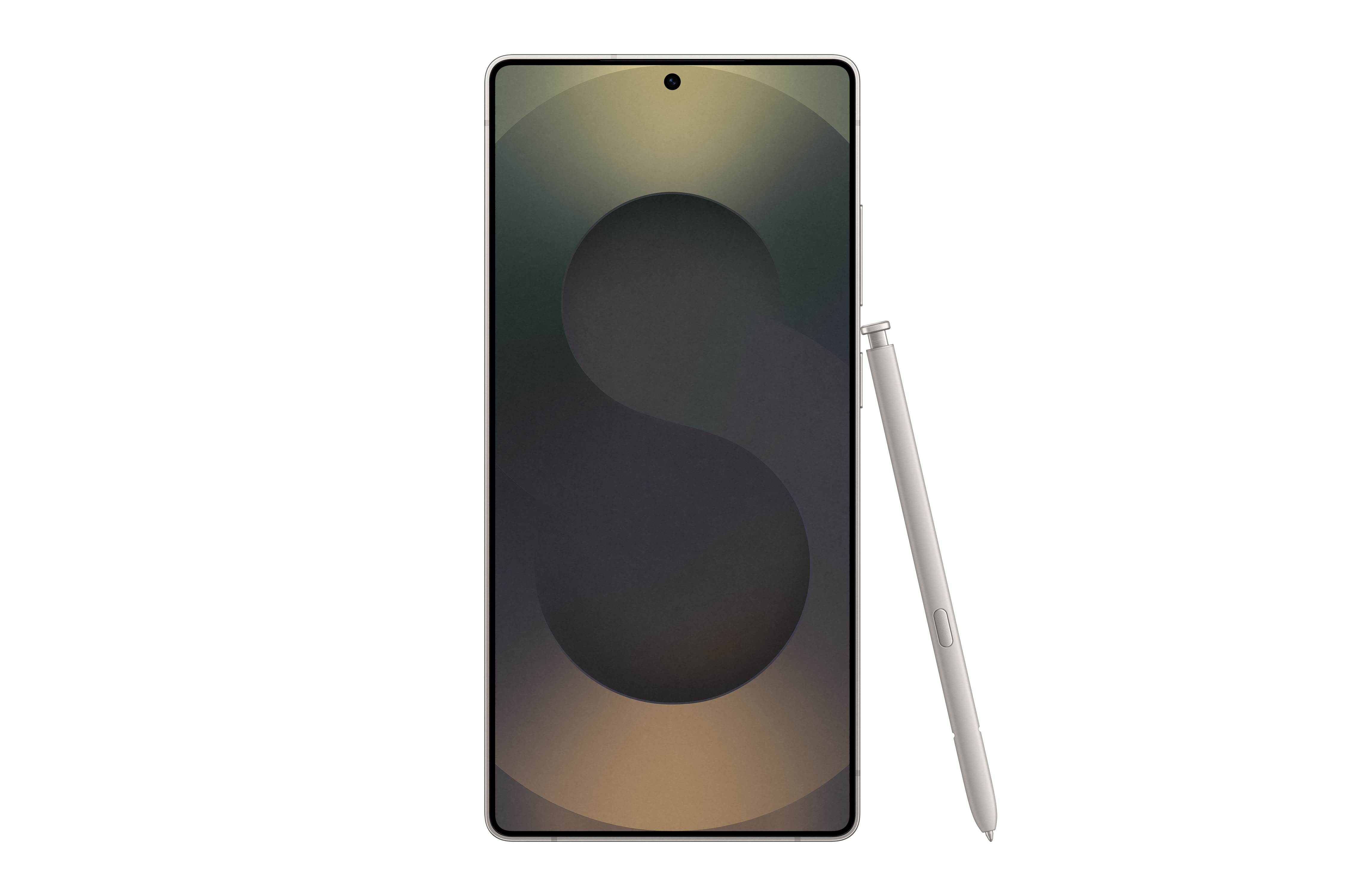 Ein Smartphone und ein Stift auf schwarzem Hintergrund. Der Bildschirm zeigt ein Muster mit dem Buchstaben S.