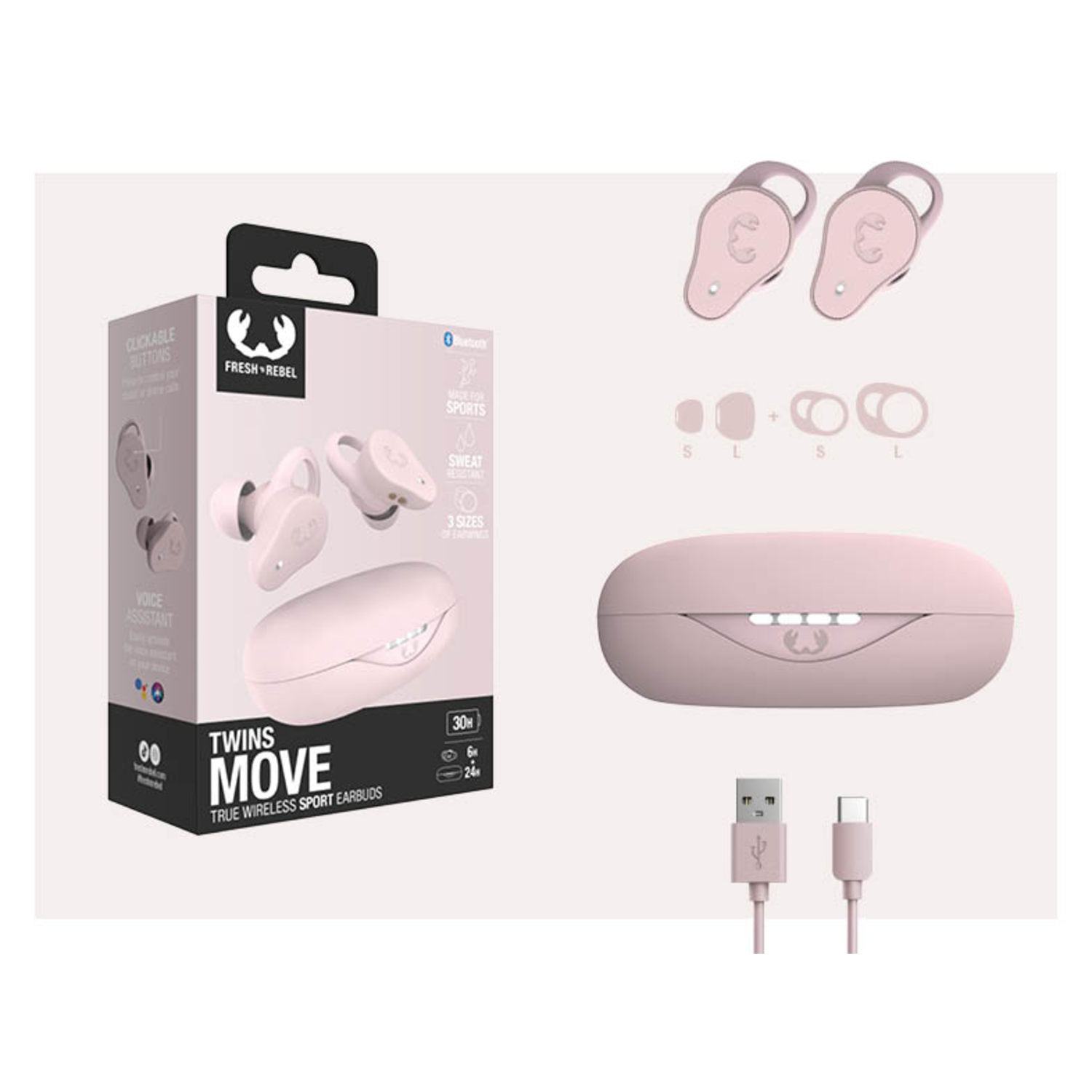 Oortelefoonboxset met accessoires en roze oortelefoons. Witte achtergrond.