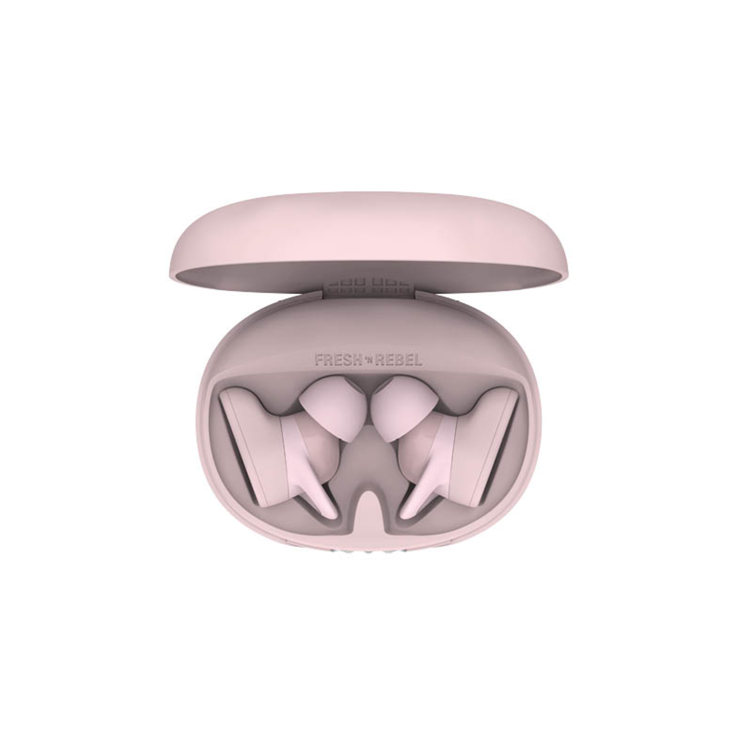 Roze oordopjes in een hoesje, met het Fresh Rebel logo zichtbaar en een witte achtergrond.