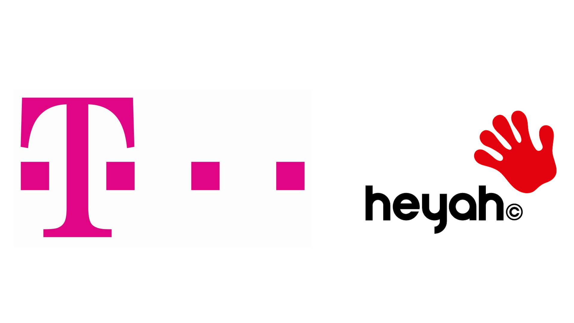 Logotypy T-Mobile i Heyah obok siebie na białym tle.
