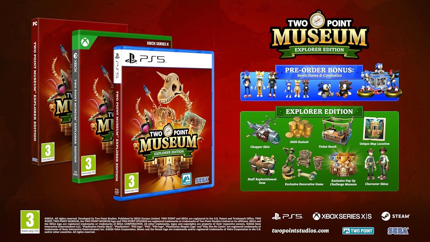 Scatole di gioco per Two Point Museum, varie piattaforme, materiali promozionali.