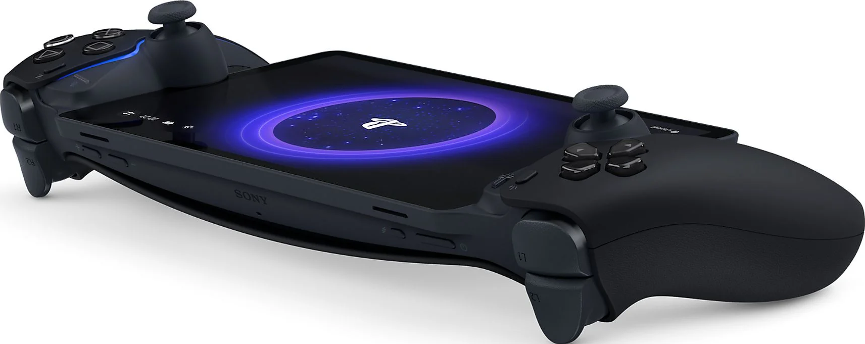 Un controller di gioco nero con schermo. Lo schermo mostra un logo Playstation blu e viola.