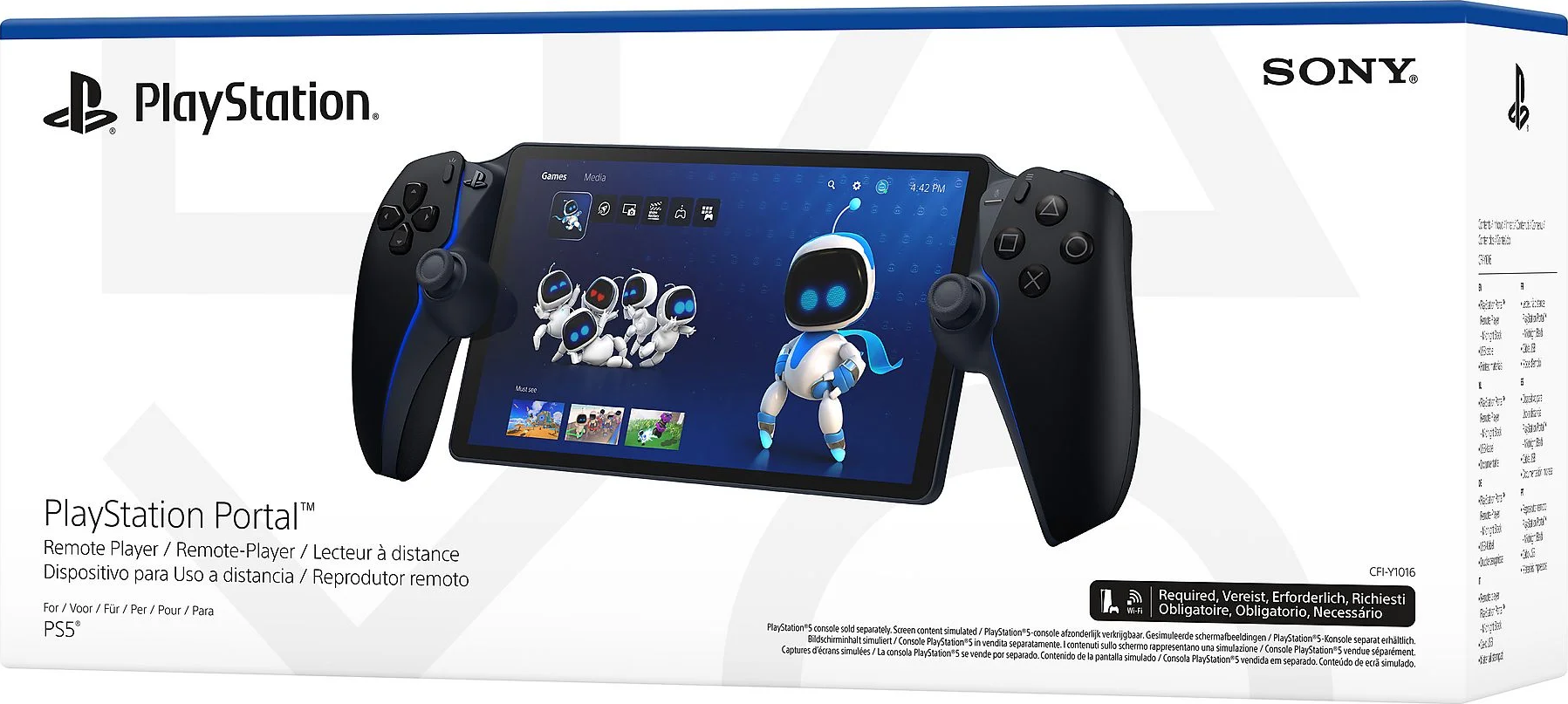 Una scatola PlayStation Portal con il dispositivo e i controller visibili. Il testo include 'PlayStation Portal'.