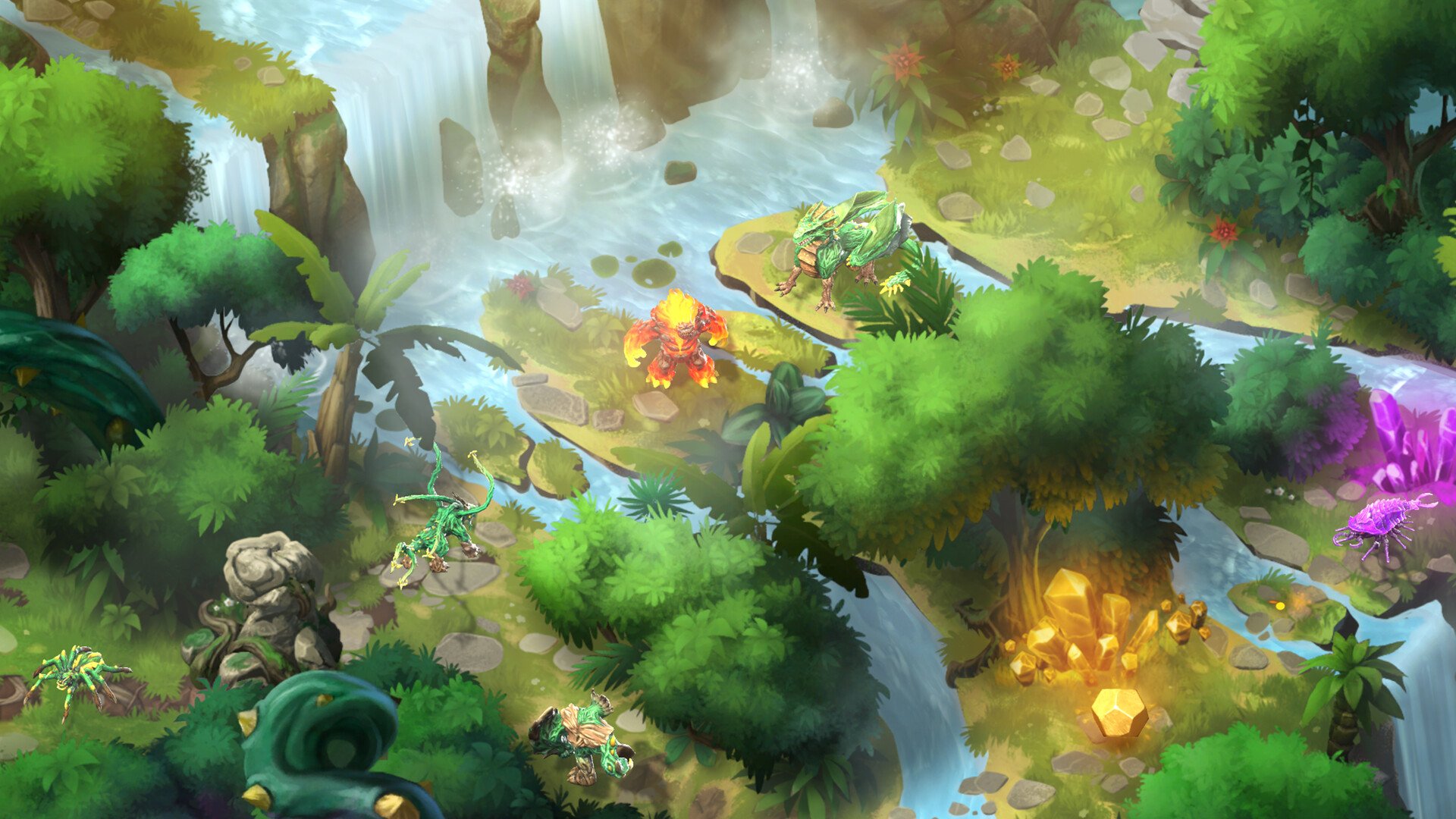 Eine Cartoon-Illustration eines Fantasy-Dschungels mit Kreaturen, Wasser und Kristallen.