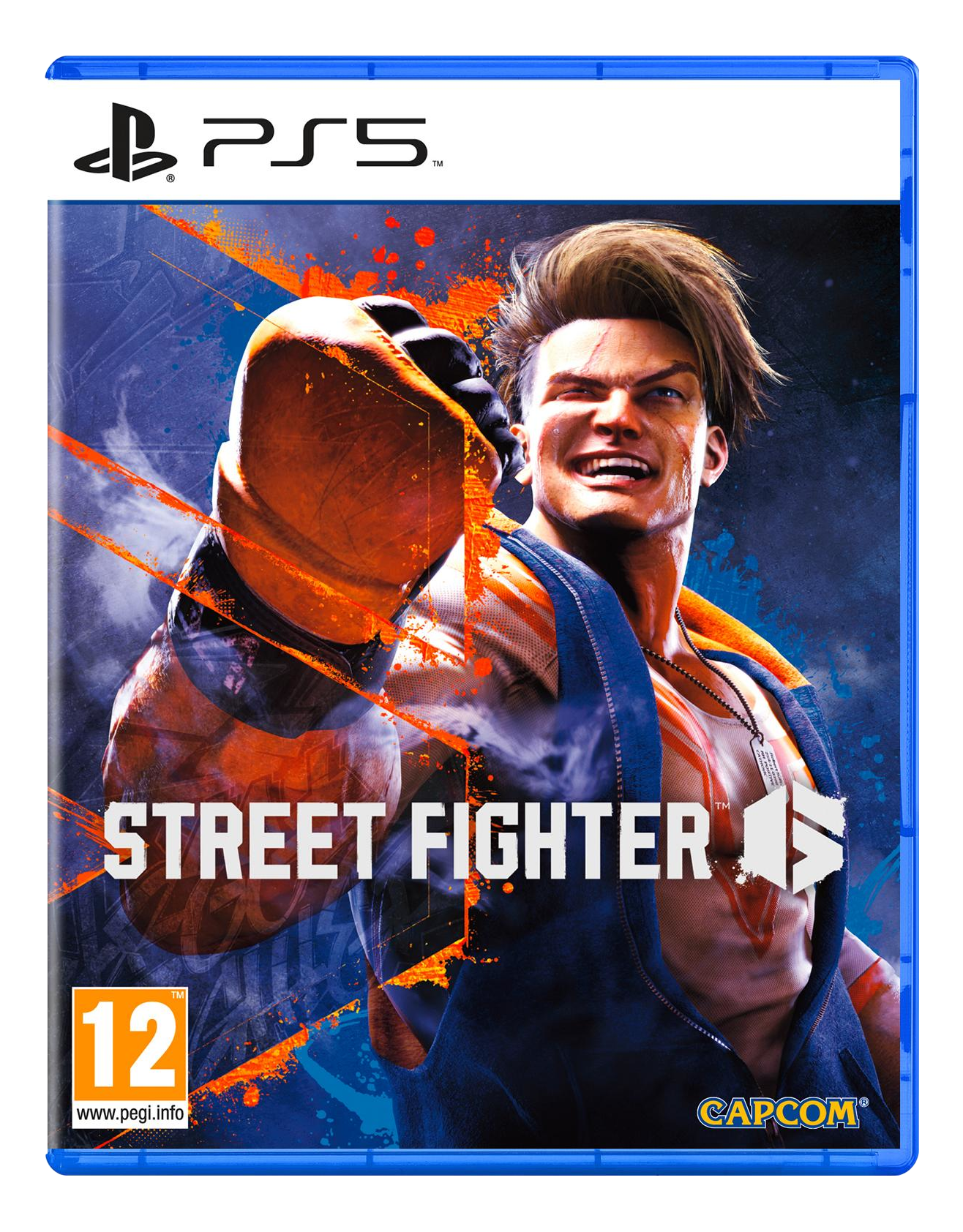 PS5-Spielcover: Mann mit zerrissenem Hemd, Street Fighter-Logo und blauem Rahmen.