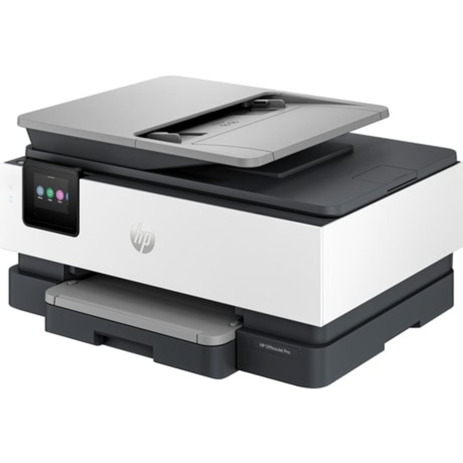 HP OfficeJet Pro printer with open lid. Features a touchscreen and various paper trays.
