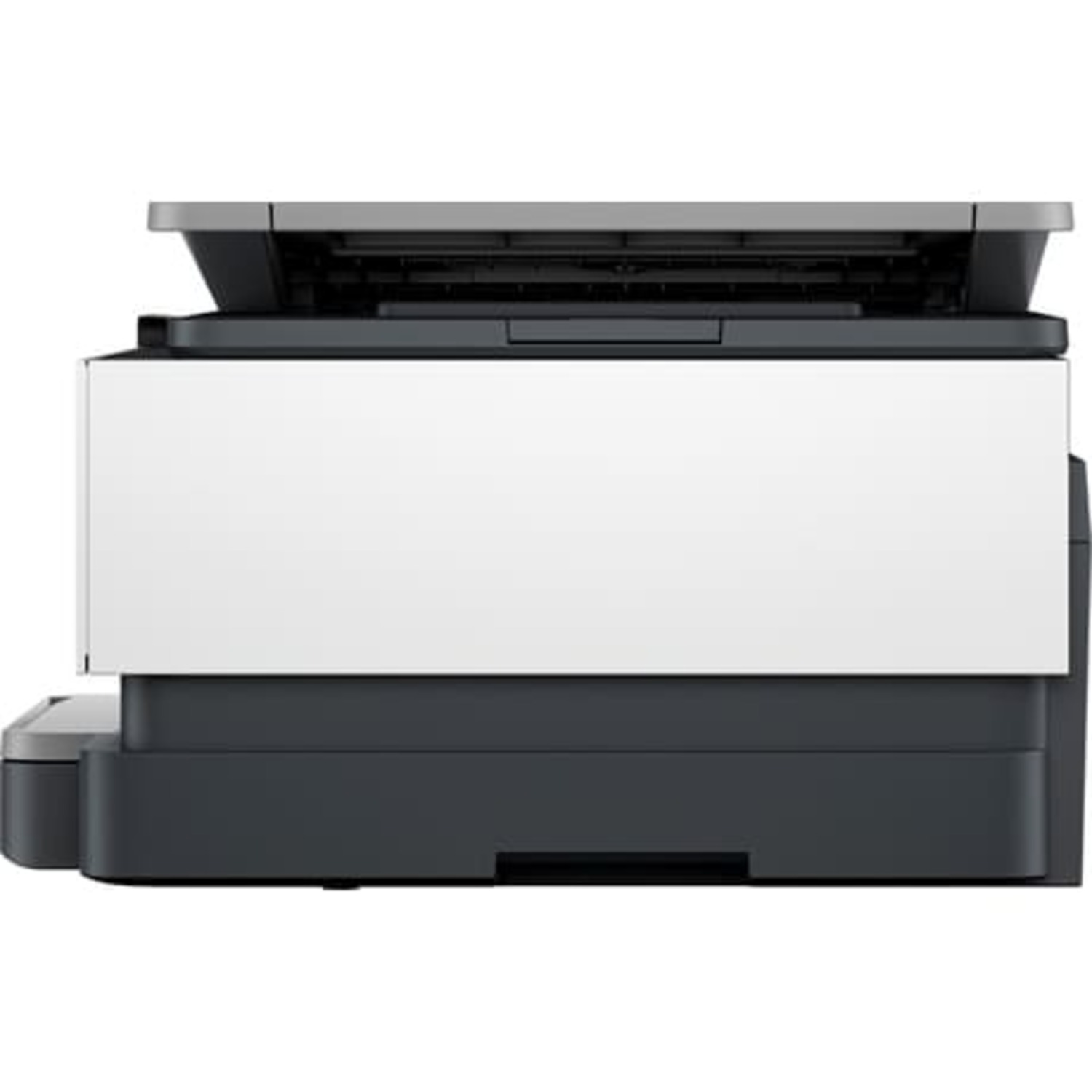 A white and dark grey printer, side view, with paper tray extended.