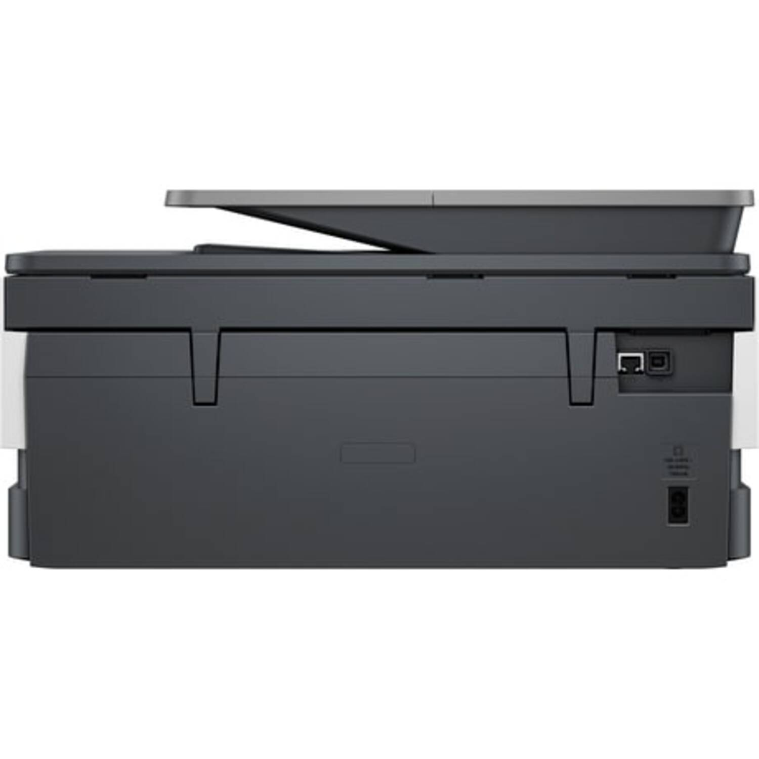The back view of a printer, showing ports, power input, and a document feeder tray.