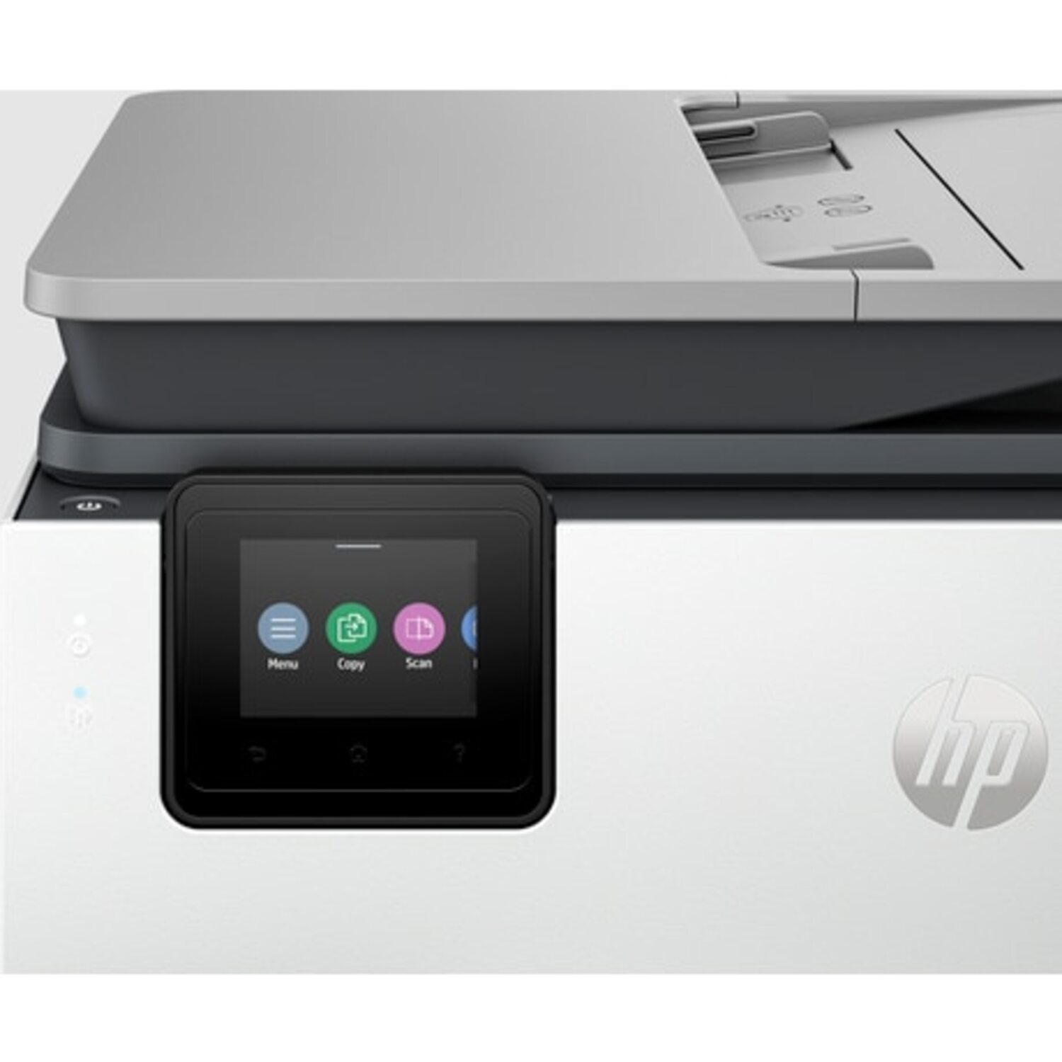 HP printer with control panel showing menu, copy, and scan options. White and gray color.