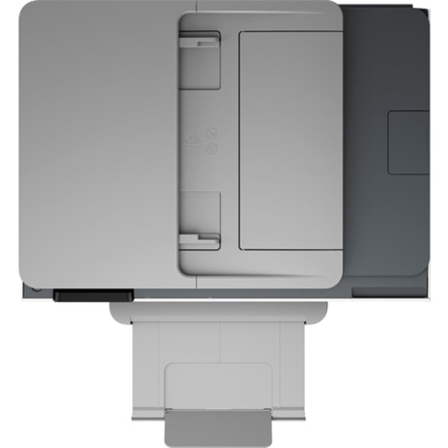Top view of a printer with open paper trays, a gray and white color scheme.