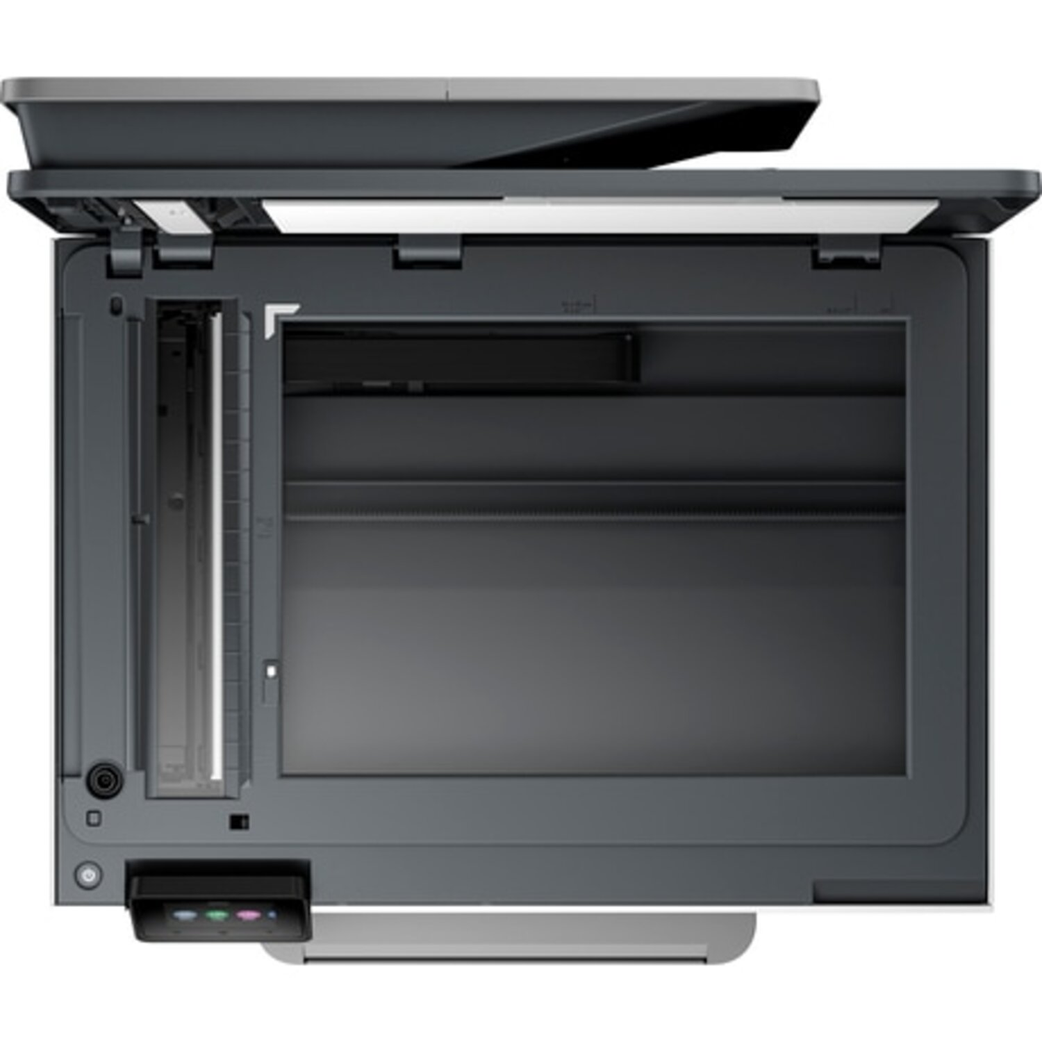 An overhead shot of a gray and black printer, with an open lid.