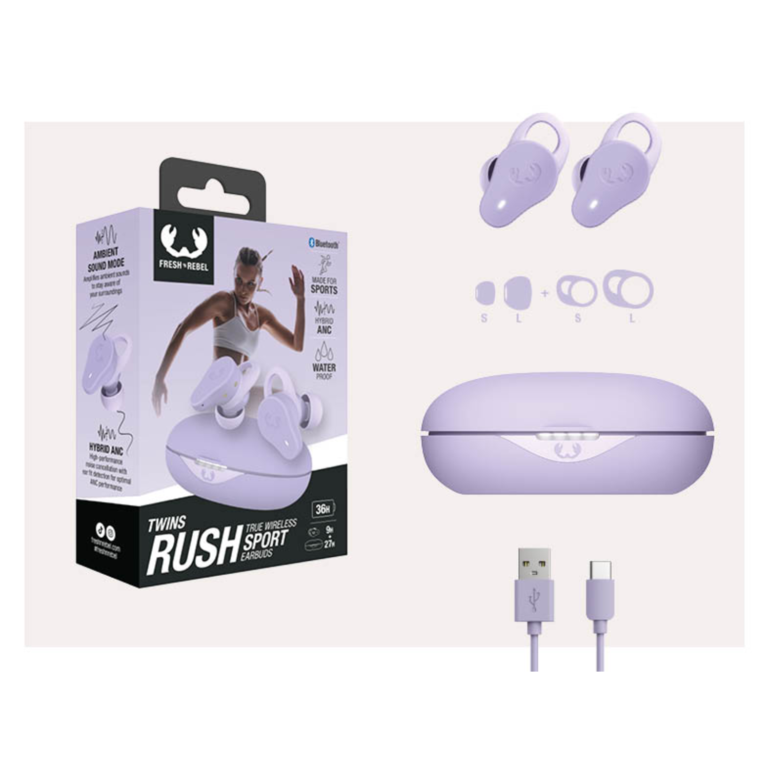 Oordopjes, etui en accessoires in een doos. De kleur is lavendel.