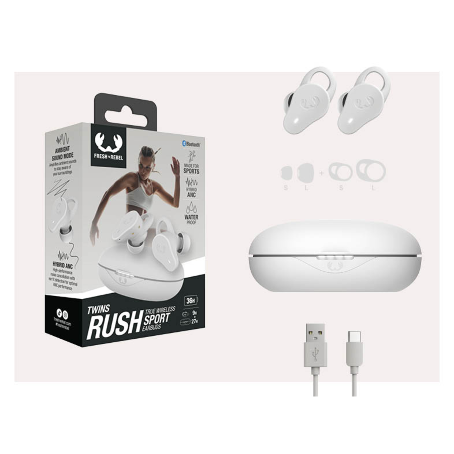 Oordopjesdoos, oordopjes en accessoires. De doos toont een vrouw die sport en productkenmerken.