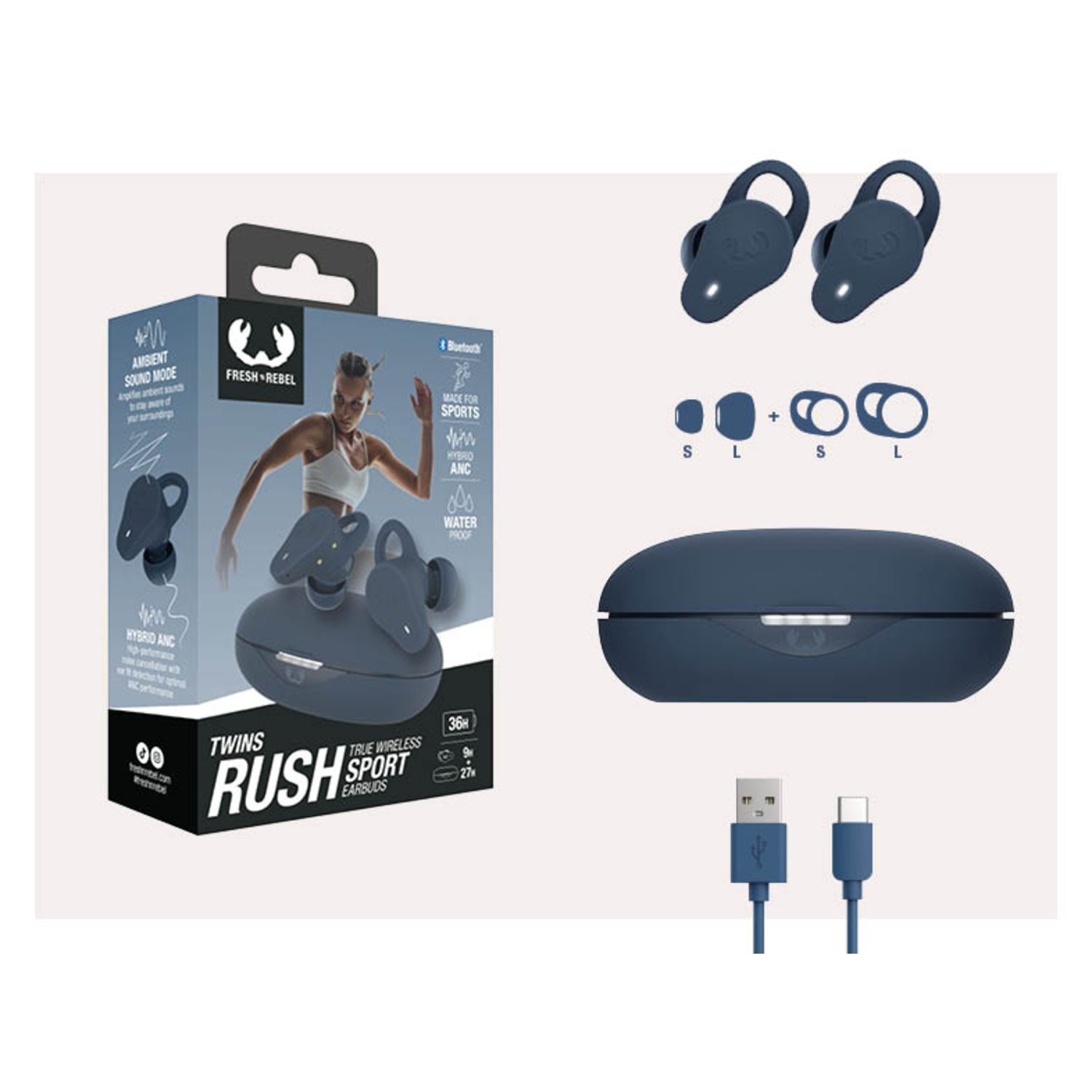 Oordopjes en oplaadcase met een doos. Op de doos staat 'Twins Rush Sport Earbuds'.