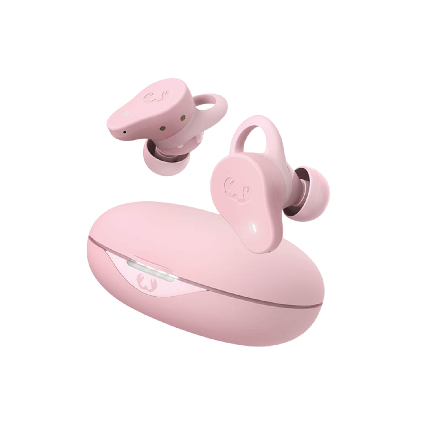 Roze draadloze oordopjes en een oplaadcase. De oordopjes zweven in de lucht, de case ligt op de grond.