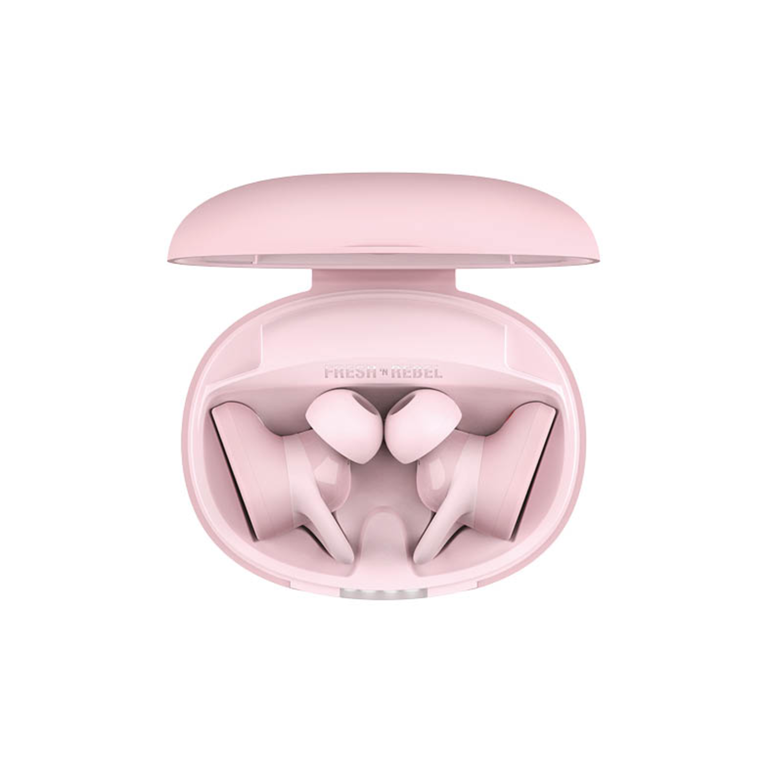 Roze Fresh Rebel oortelefoons in een oplaadcase, open, op een witte achtergrond.