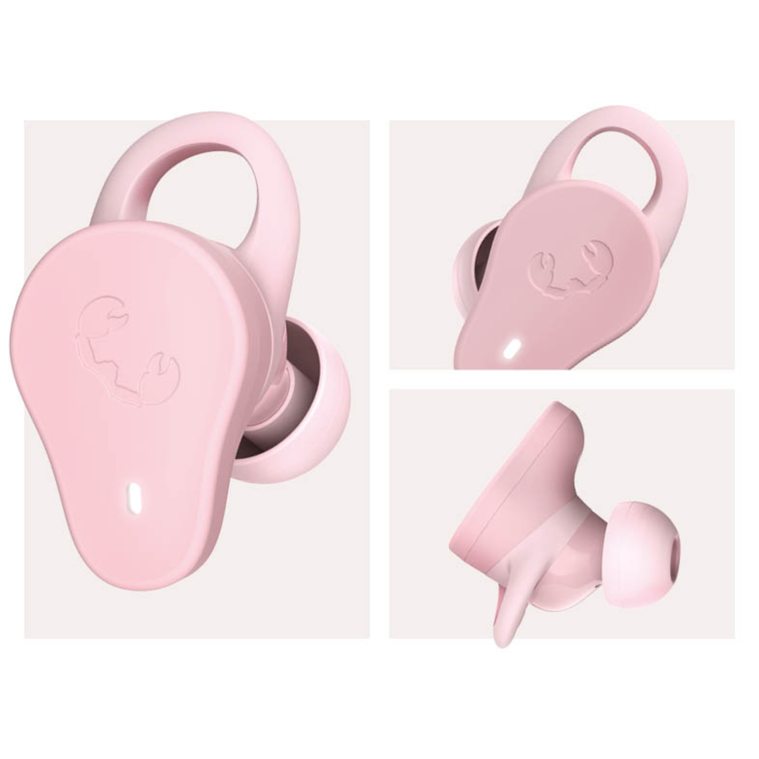 Drie roze oortelefoons in verschillende weergaven, met details.
