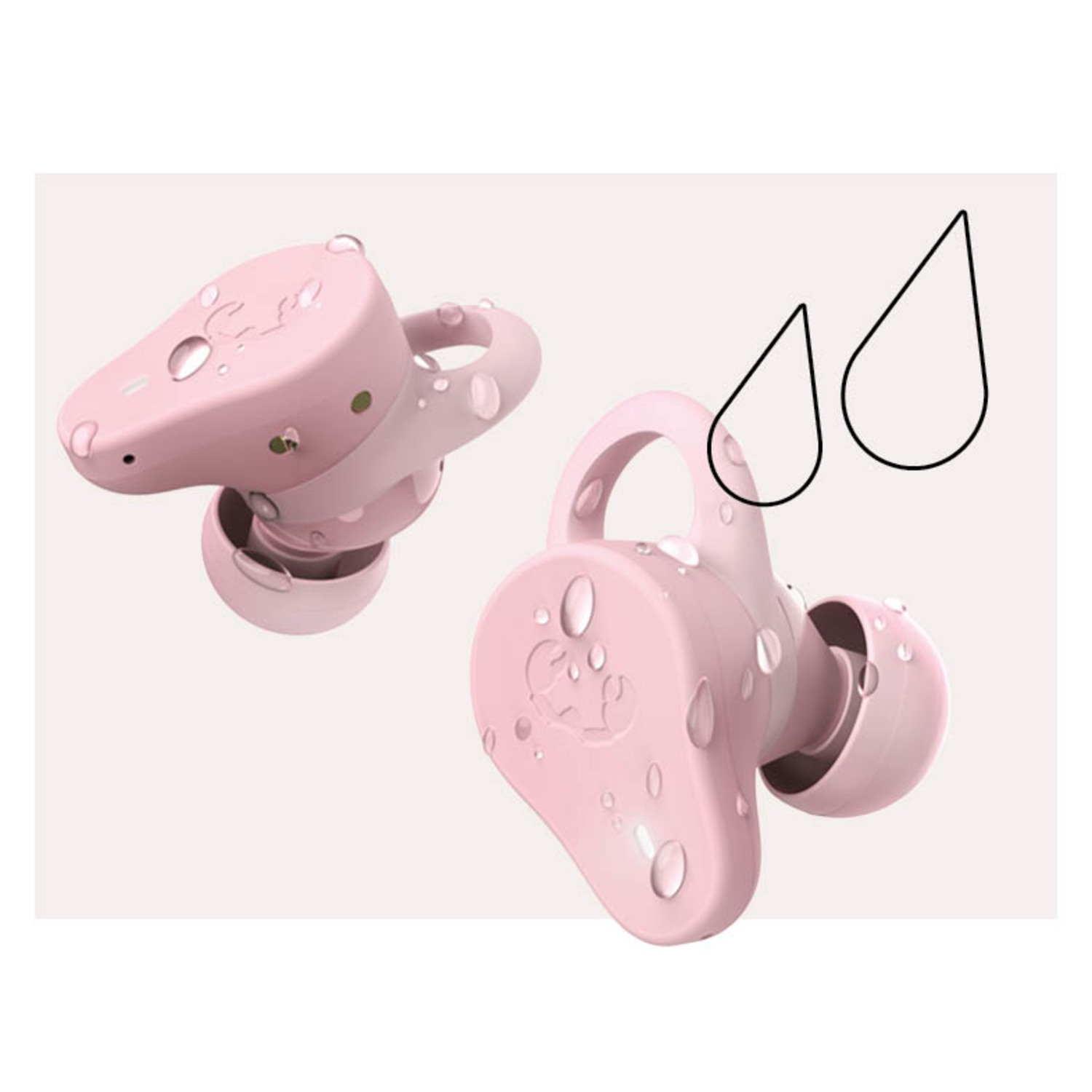 Twee roze oordopjes met waterdruppels. Twee zwarte contouren van waterdruppels ernaast.