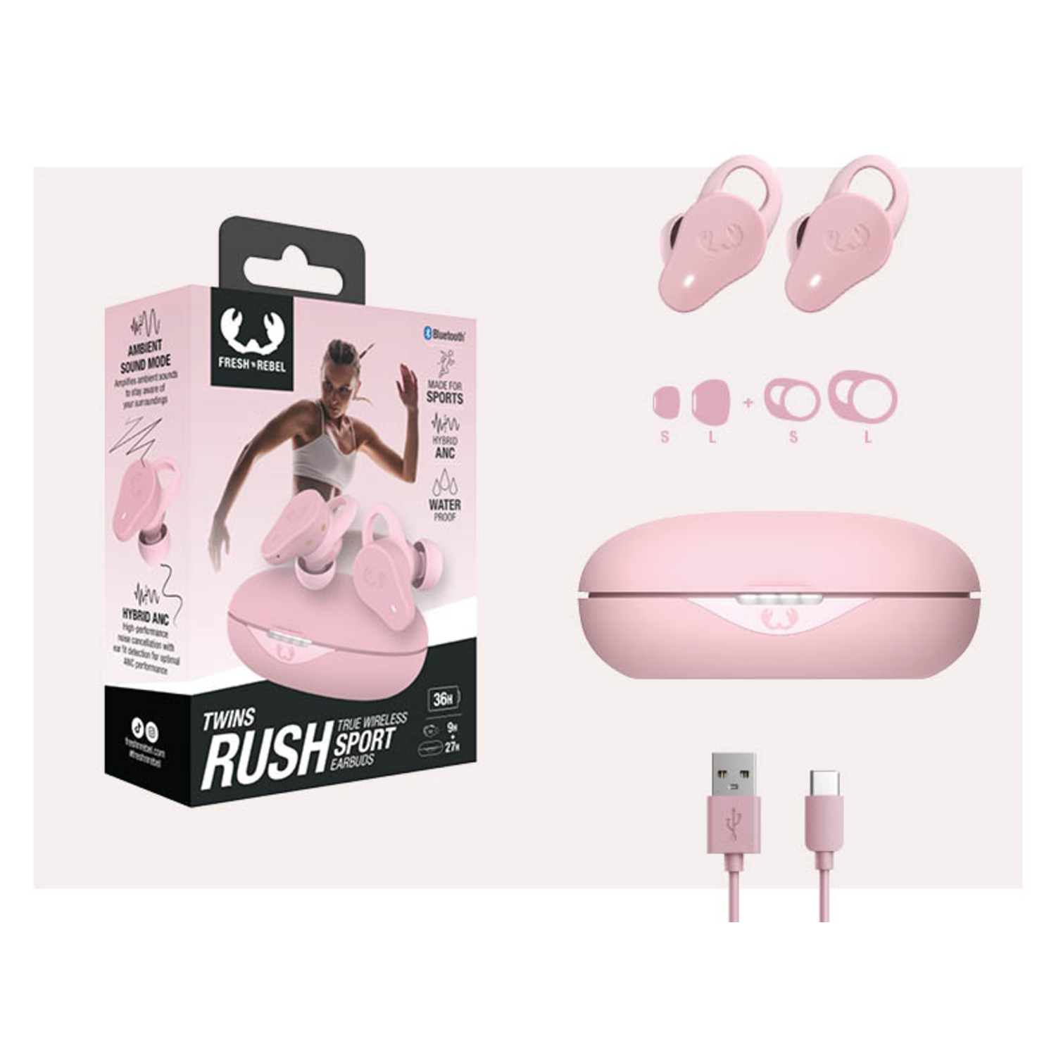 Oordopjesdoos, oordopjes en accessoires. De doos toont een vrouw die sport en productkenmerken.