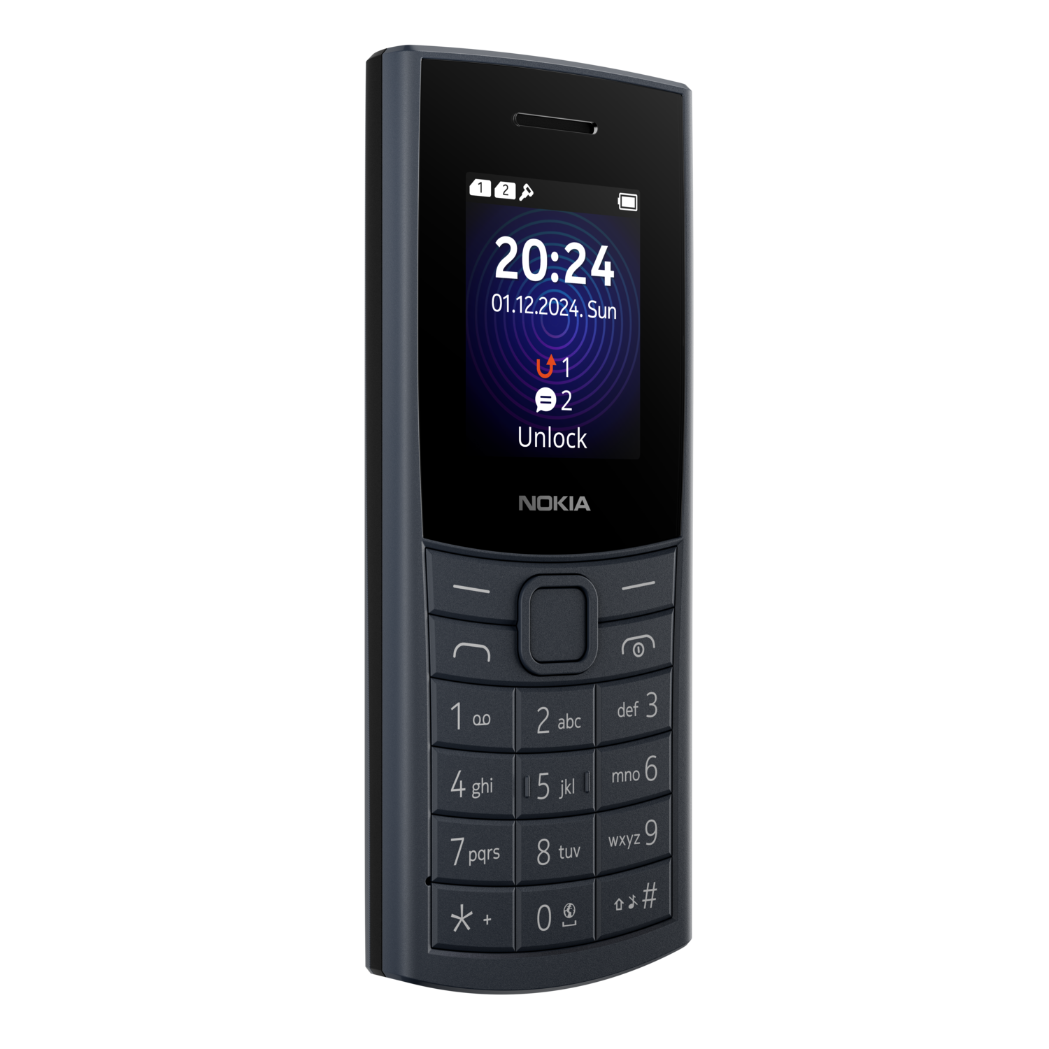 A black Nokia phone with a numeric keypad and a display showing time.