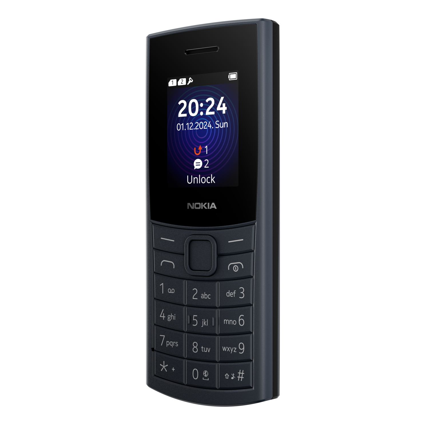 A black Nokia phone with a screen displaying the time and date.