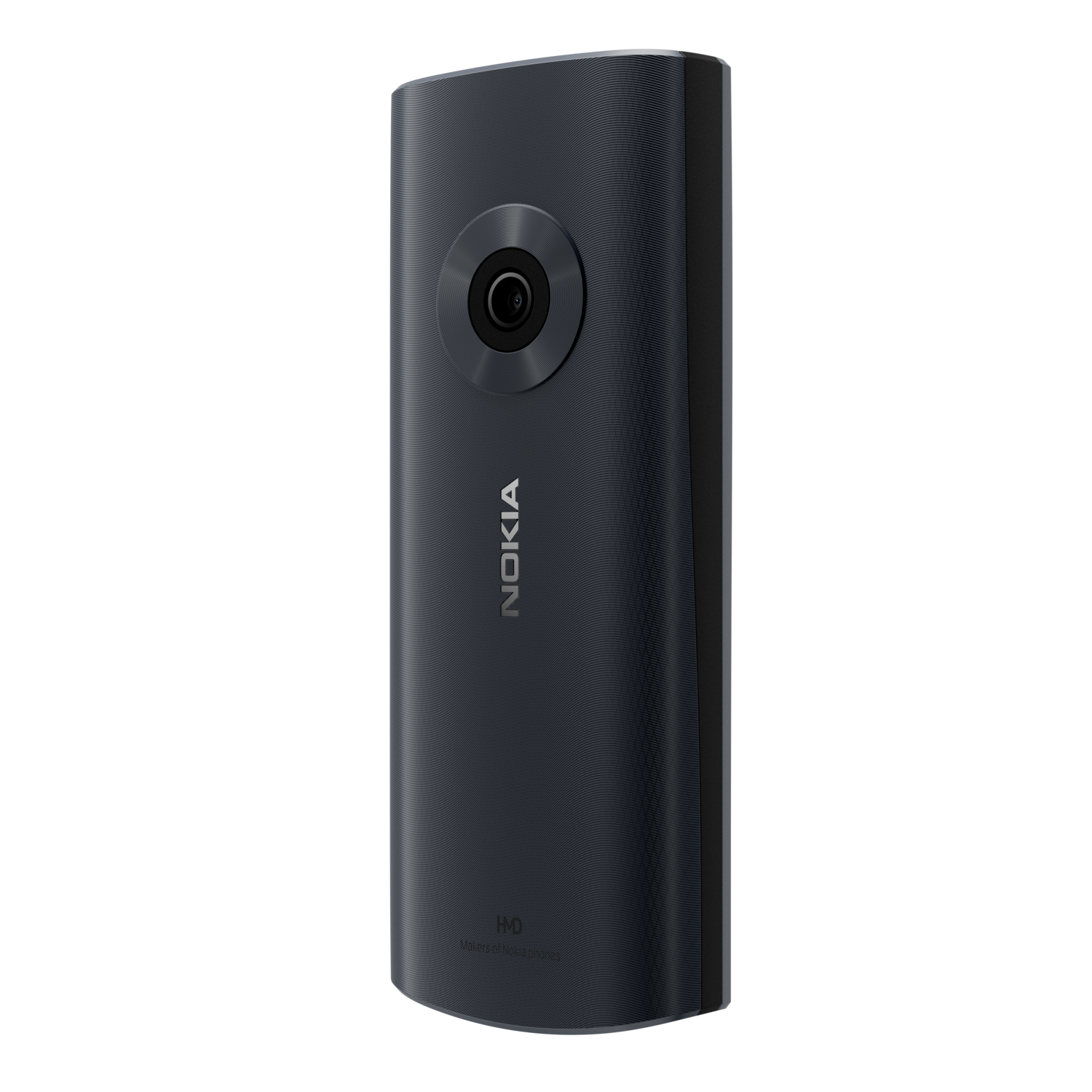 A black Nokia phone's back with a camera lens and the Nokia logo on a black background.