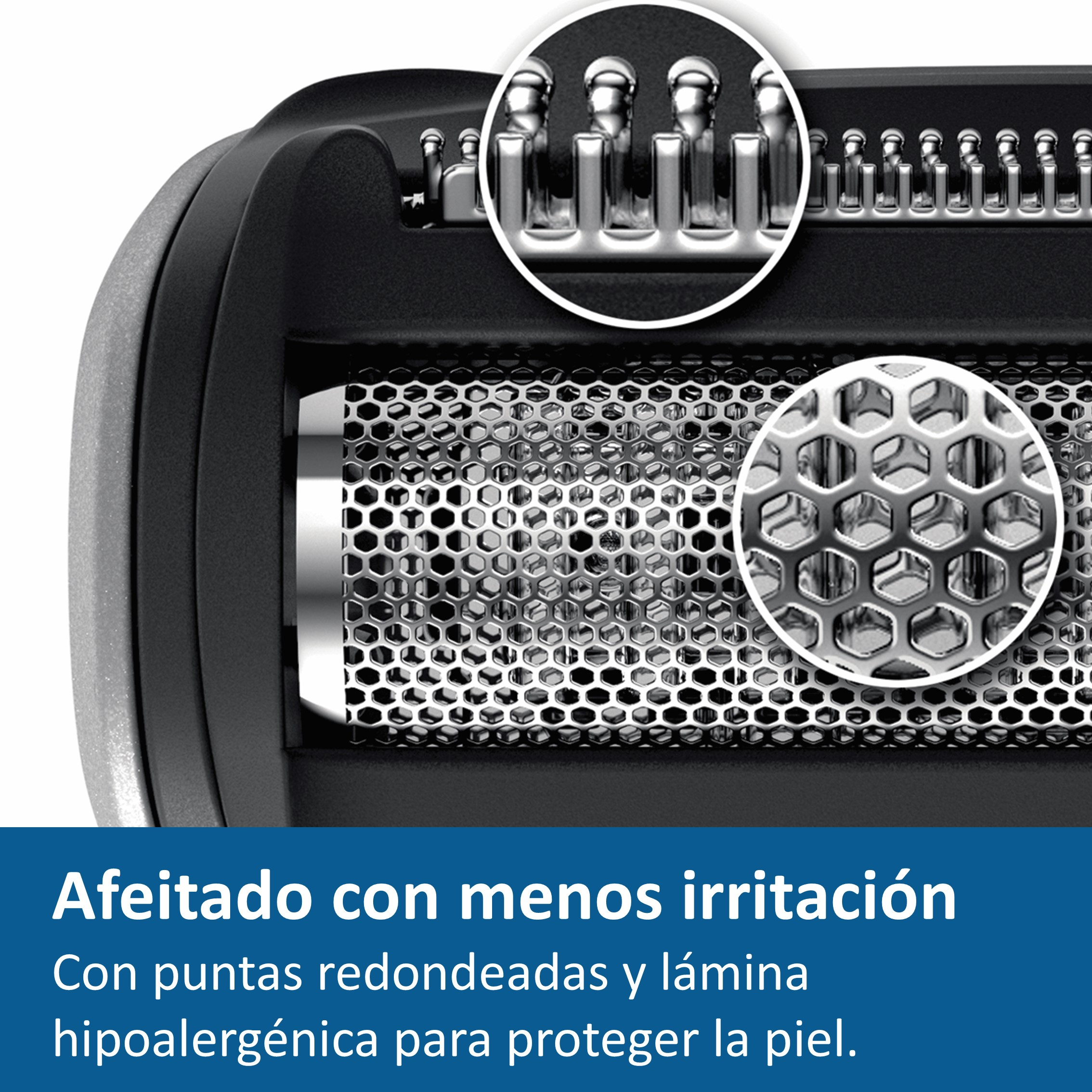 Primer plano de un cabezal de afeitadora con texto: Afeitado con menos irritación.