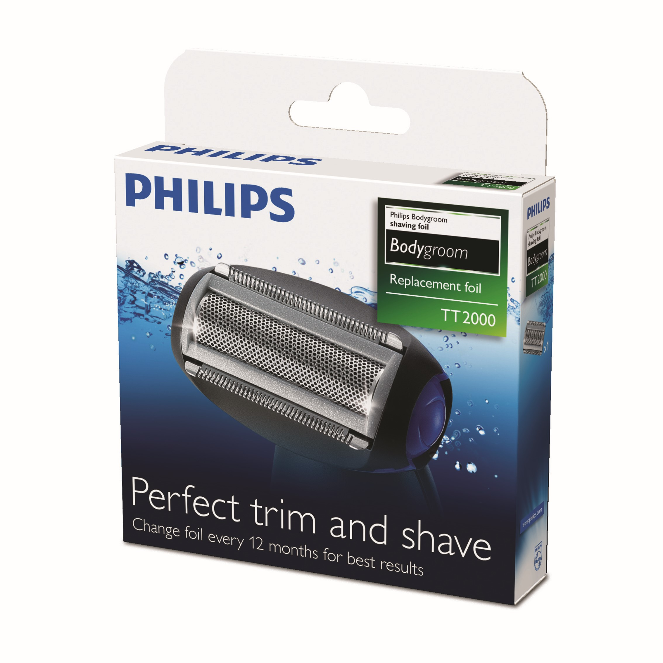 Caja del producto de una lámina de afeitado Philips Bodygroom. La imagen muestra las características del producto.