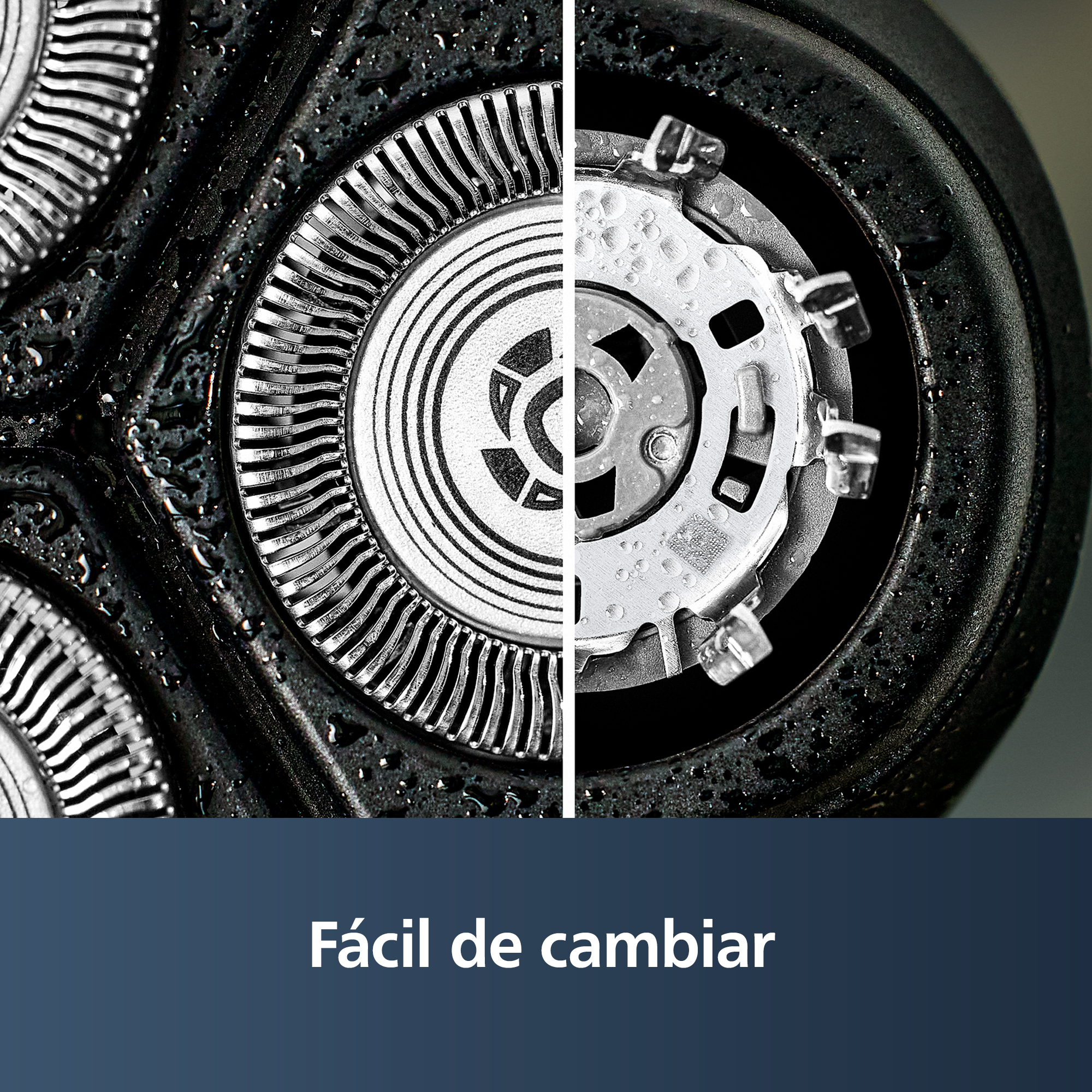 Primer plano de cabezales de afeitadora eléctrica con gotas de agua, mostrando las partes internas. Texto: Fácil de cambiar.