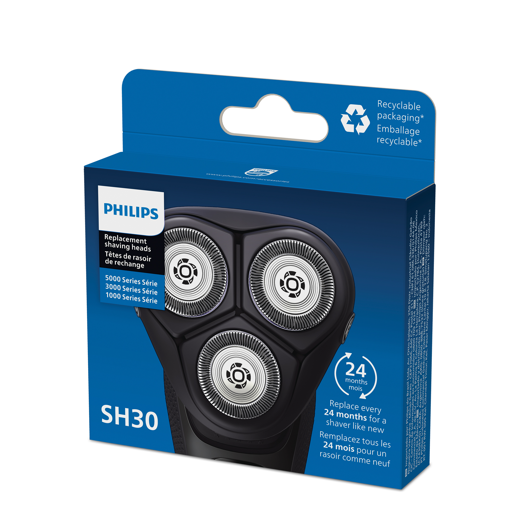 Caja con cabezales de afeitado de repuesto Philips. Se muestran cabezales negros.