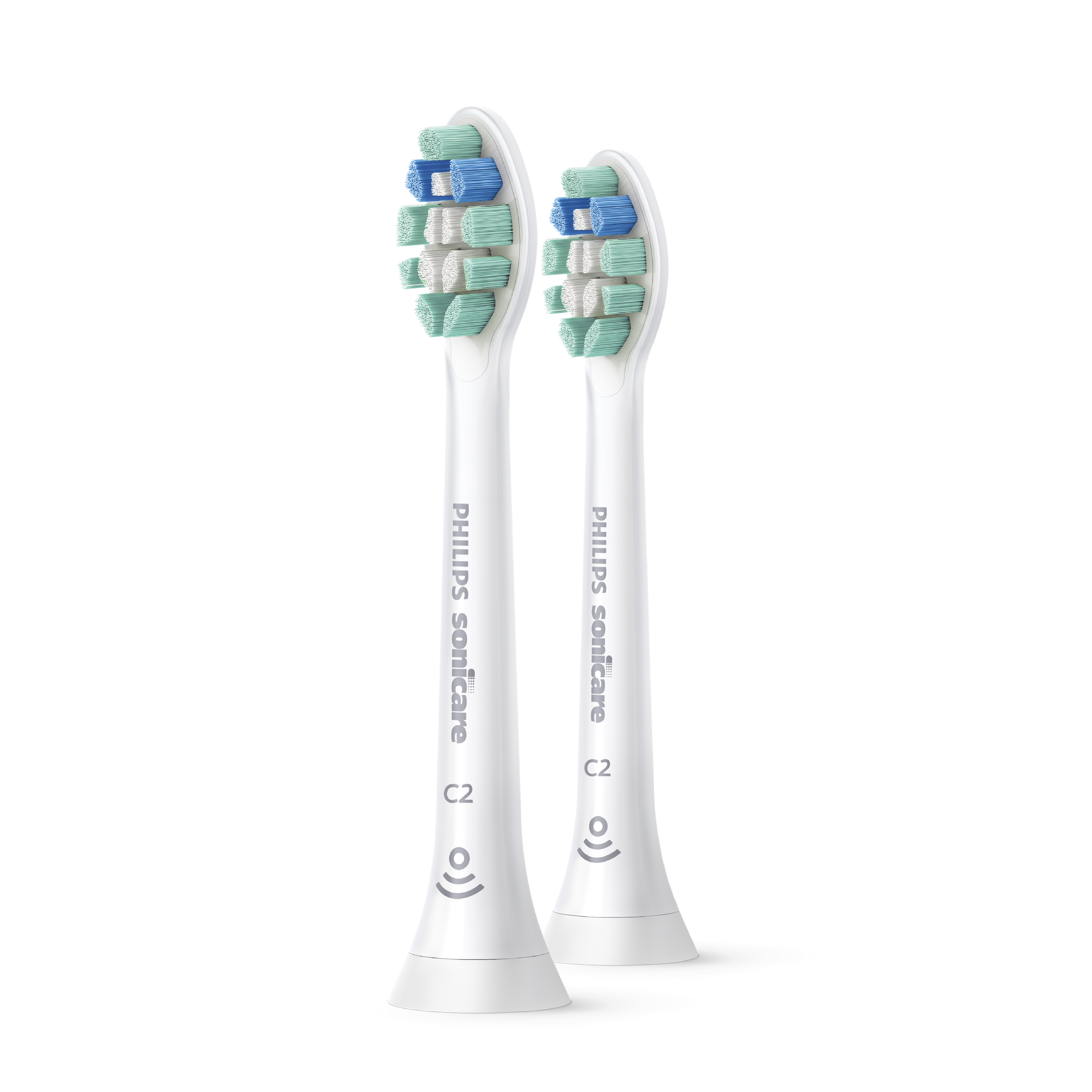 Dos cabezales de cepillo de dientes Philips Sonicare blancos con cerdas azules y verdes, sobre fondo negro.