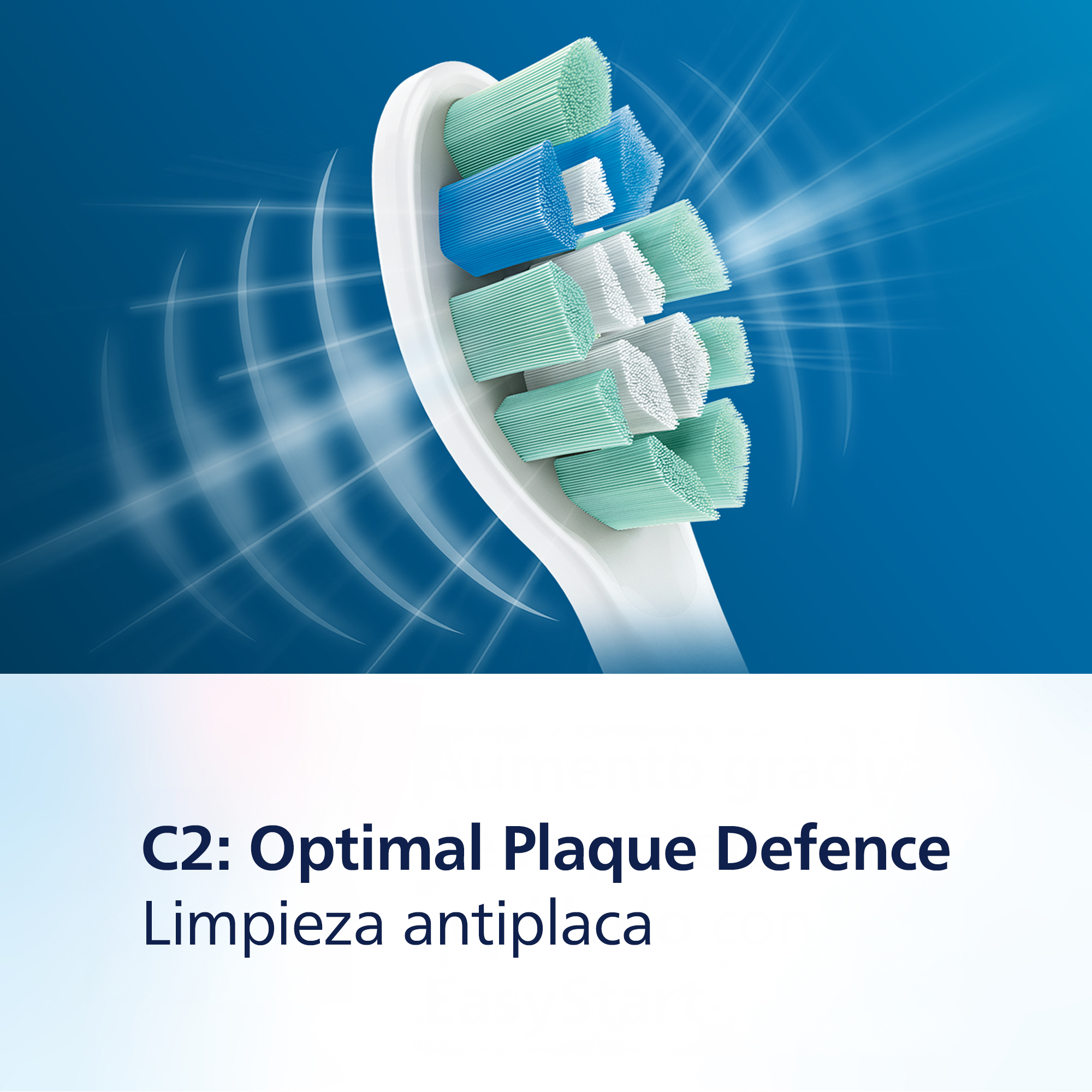 Primer plano de un cabezal de cepillo de dientes, con texto que indica defensa contra la placa y limpieza.
