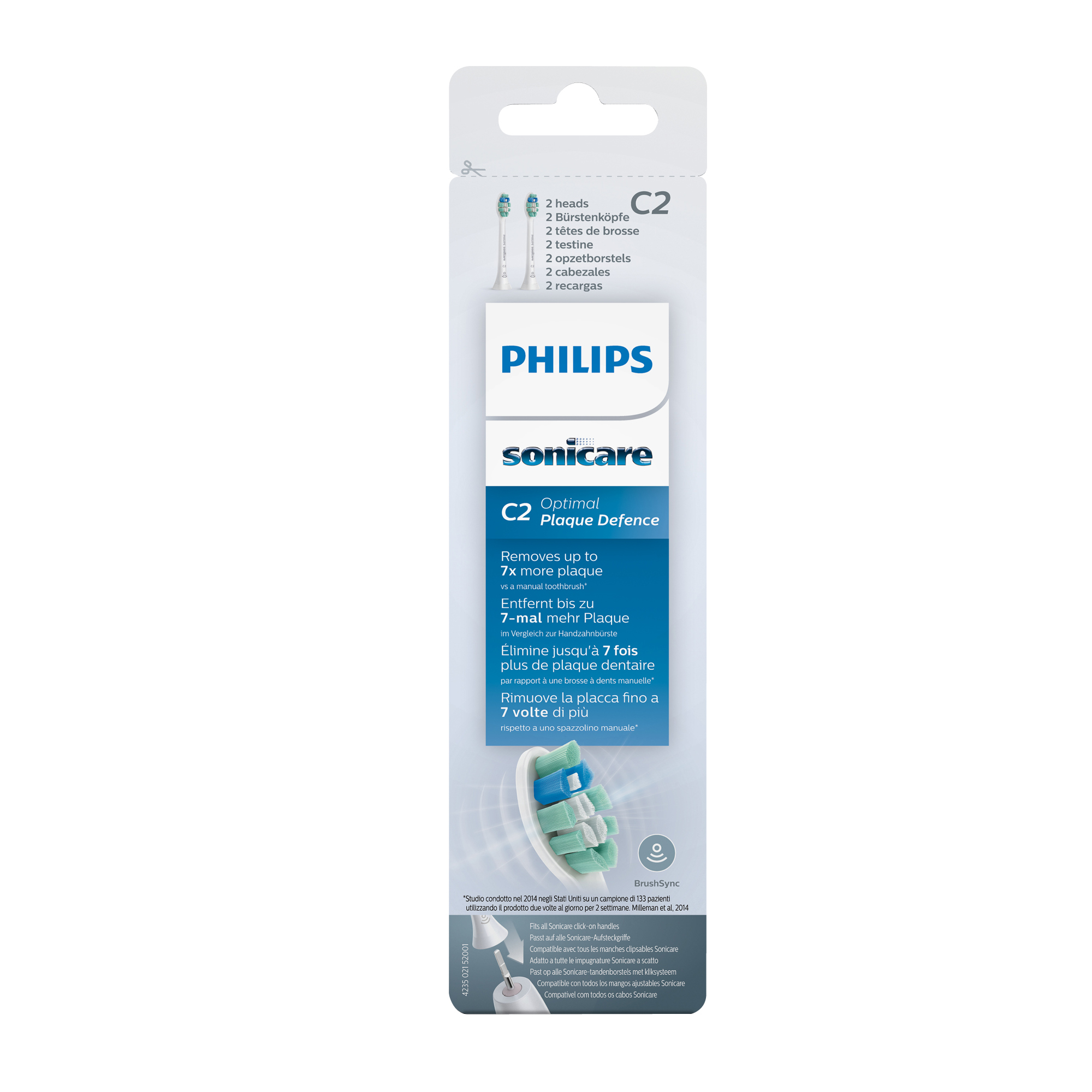 Un paquete de cabezales de cepillo Philips Sonicare C2 Plaque Defense, con detalles e instrucciones.