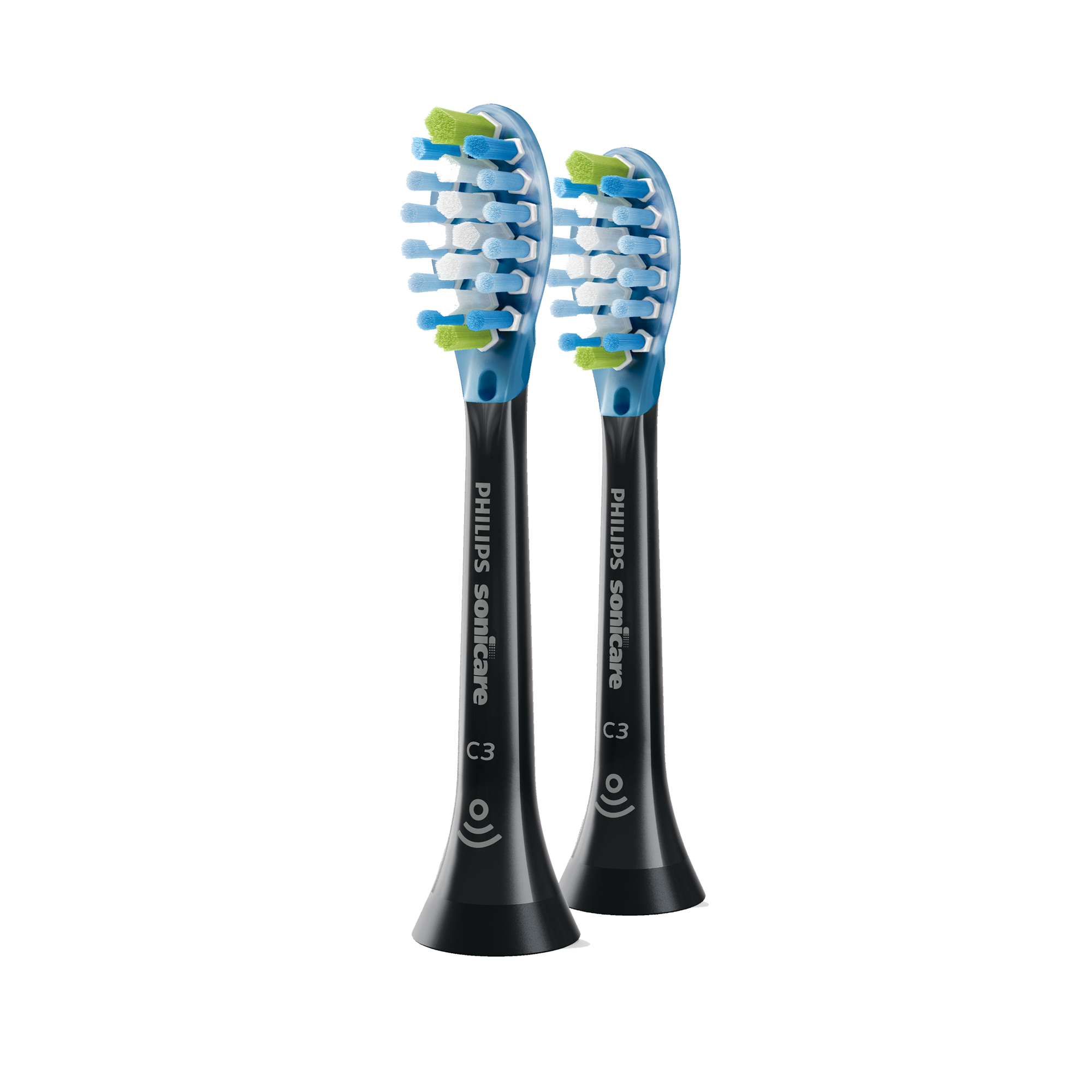 Dos cabezales Philips Sonicare. Cerdas azules, blancas y verdes en mangos negros.