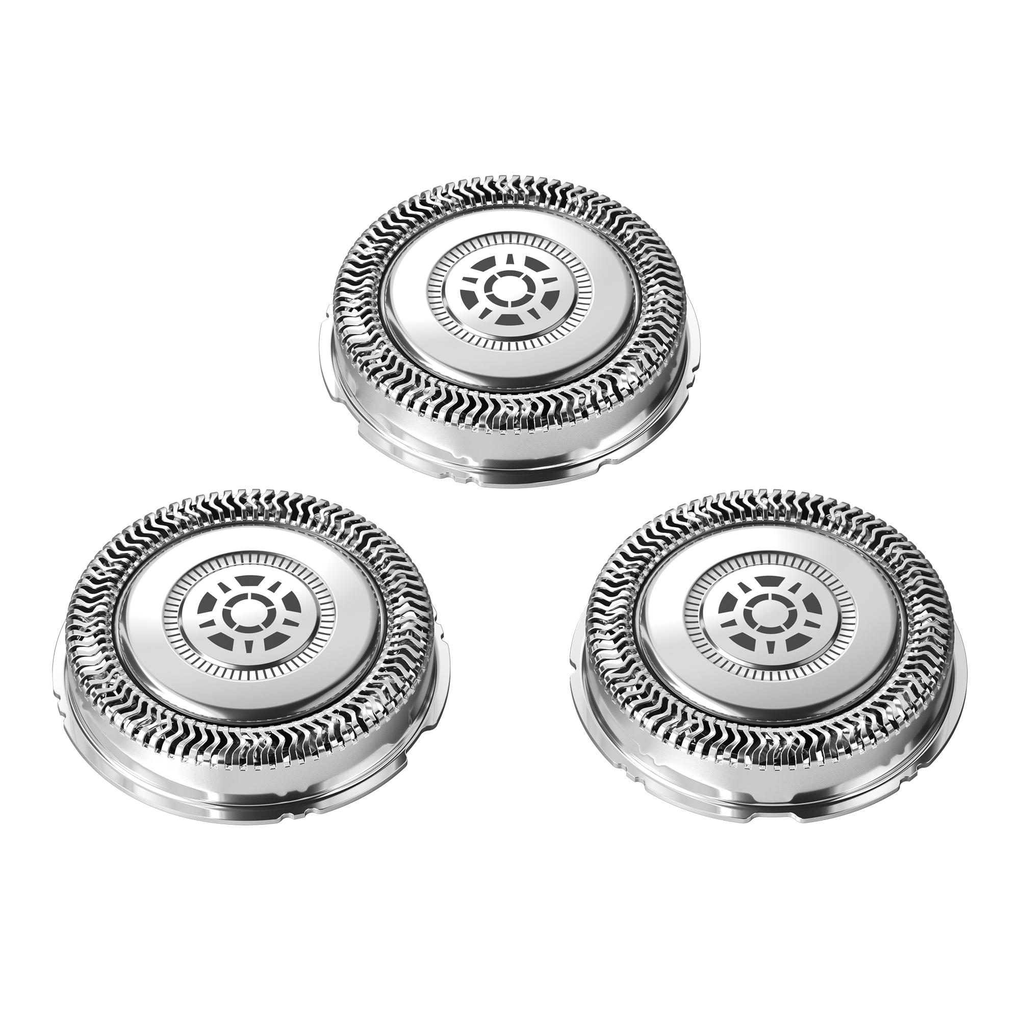 Tres cabezales de afeitadora plateados, con un diseño estampado.