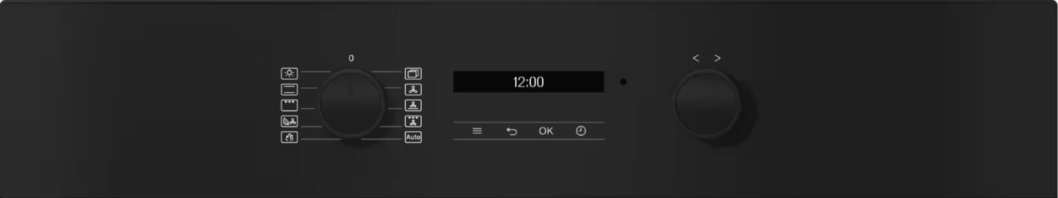 Panel de control de horno negro con perillas, pantalla e iconos.