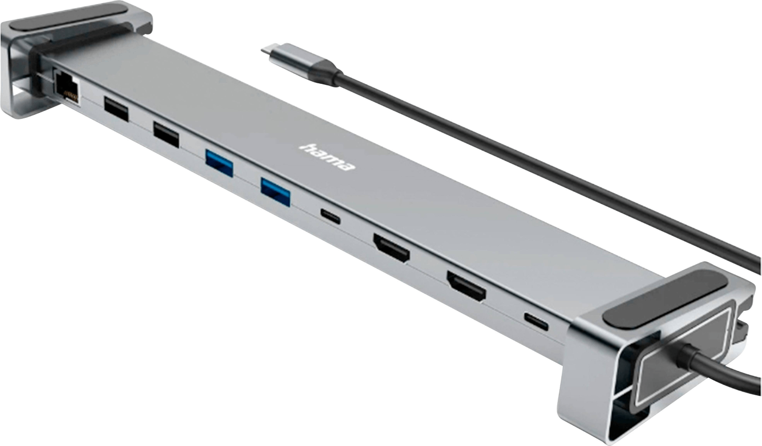 Hub USB-C Hama plateado. Contiene múltiples puertos y un cable USB-C conectado. Cable negro.